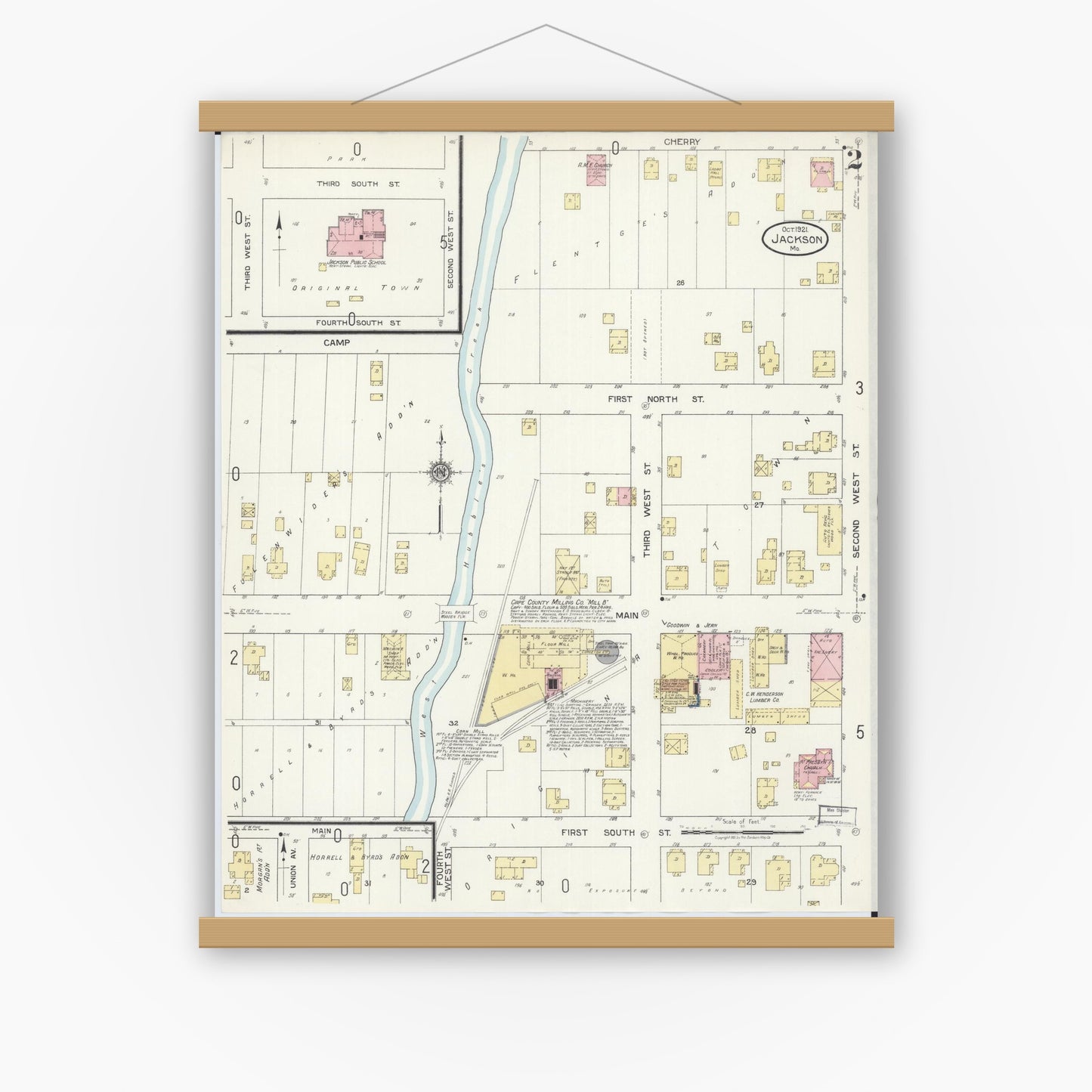 Old map wall art mockup — magnetic wood frame on white wall — Sanborn Fire Insurance Map from Jackson, Cape Girardeau County, Missouri (1921), Sheet #0002