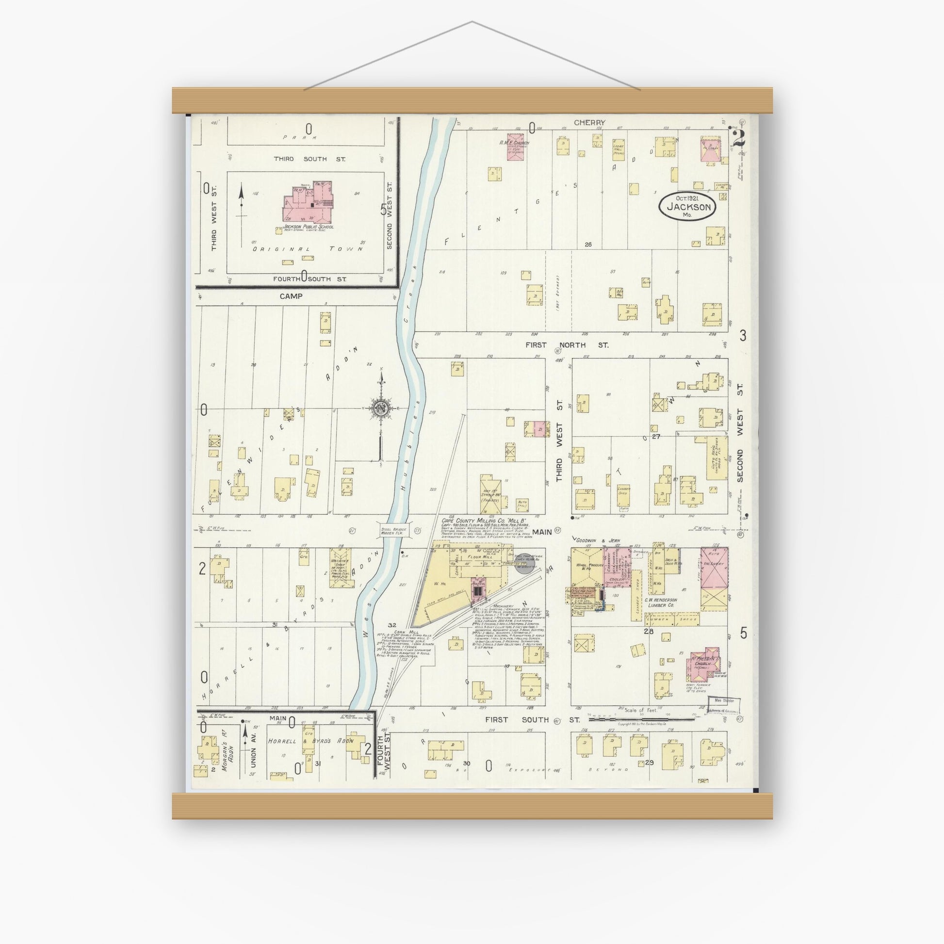 Old map wall art mockup — magnetic wood frame on white wall — Sanborn Fire Insurance Map from Jackson, Cape Girardeau County, Missouri (1921), Sheet #0002