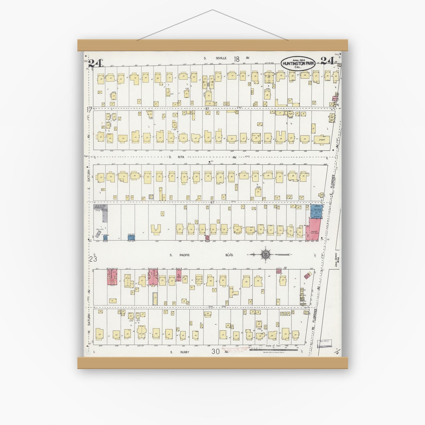 Old map wall art mockup — magnetic wood frame on white wall — Sanborn Fire Insurance Map from Huntington Park, Los Angeles County, California (1924), Sheet #0024