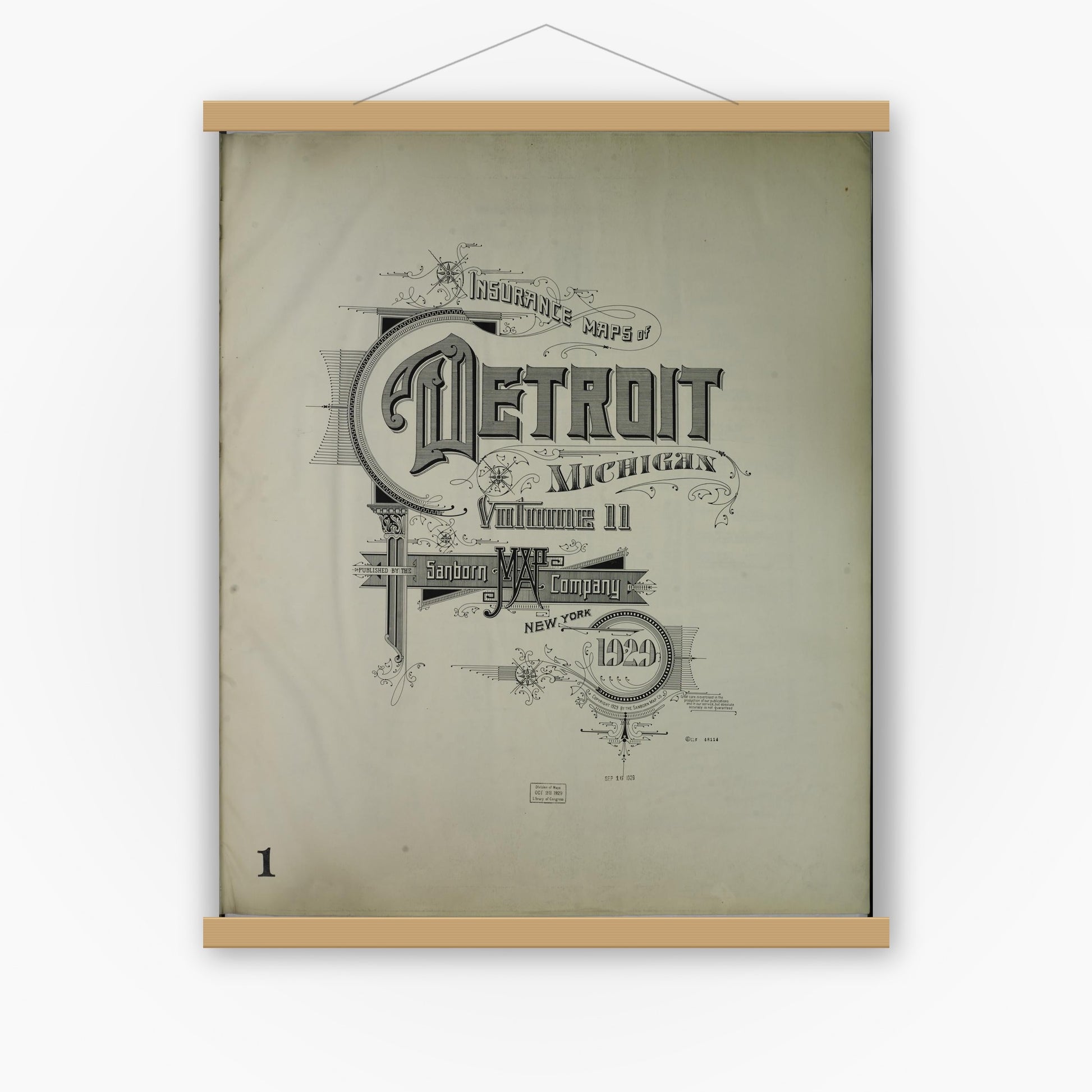 Old map wall art mockup — magnetic wood frame on white wall — Sanborn Fire Insurance Map from Detroit, Wayne County, Michigan (1929), Sheet #0001