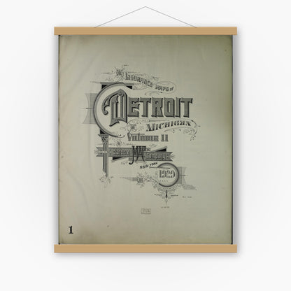 Old map wall art mockup — magnetic wood frame on white wall — Sanborn Fire Insurance Map from Detroit, Wayne County, Michigan (1929), Sheet #0001