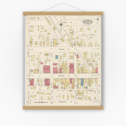 Old map wall art mockup — magnetic wood frame on white wall — Sanborn Fire Insurance Map from Crystal Falls, Iron County, Michigan (1922), Sheet #0003