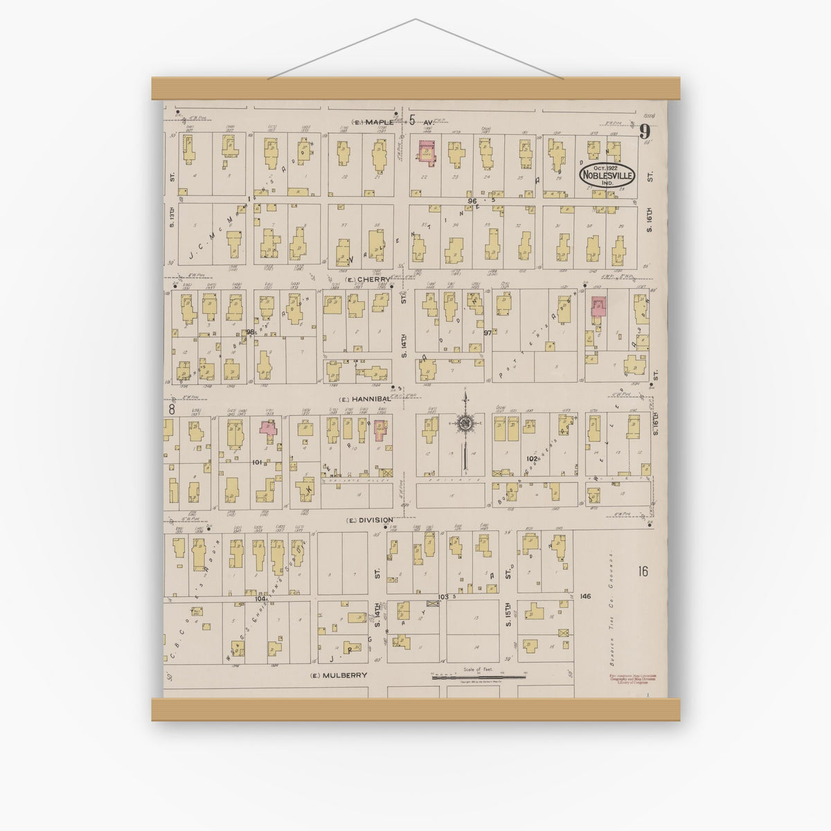 Old map wall art mockup — magnetic wood frame on white wall — Sanborn Fire Insurance Map from Noblesville, Hamilton County, Indiana (1922), Sheet #0009