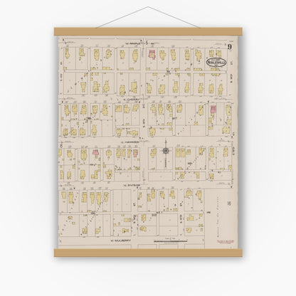 Old map wall art mockup — magnetic wood frame on white wall — Sanborn Fire Insurance Map from Noblesville, Hamilton County, Indiana (1922), Sheet #0009