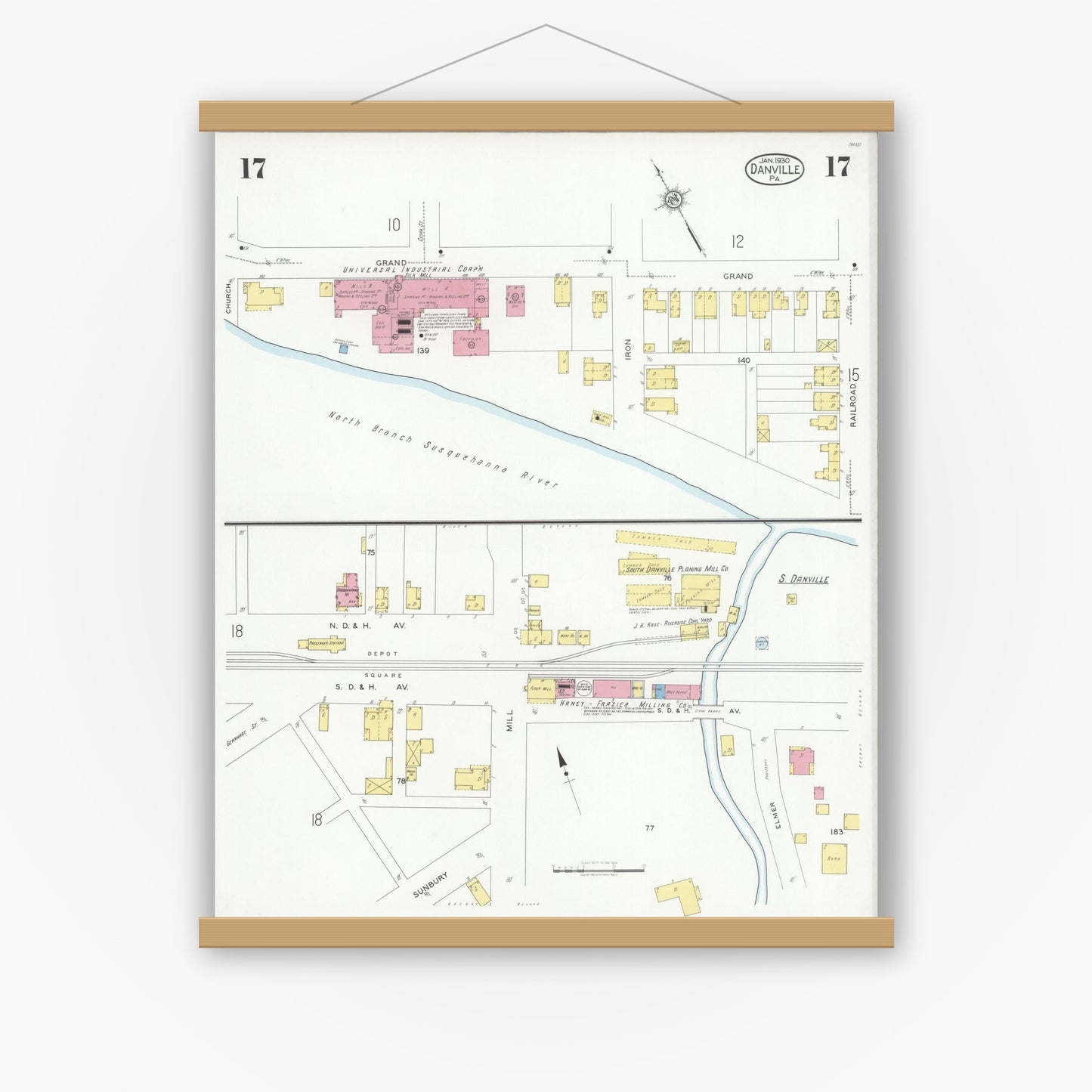 Old map wall art mockup — magnetic wood frame on white wall — Sanborn Fire Insurance Map from Danville, Montour County, Pennsylvania (1930), Sheet #0017
