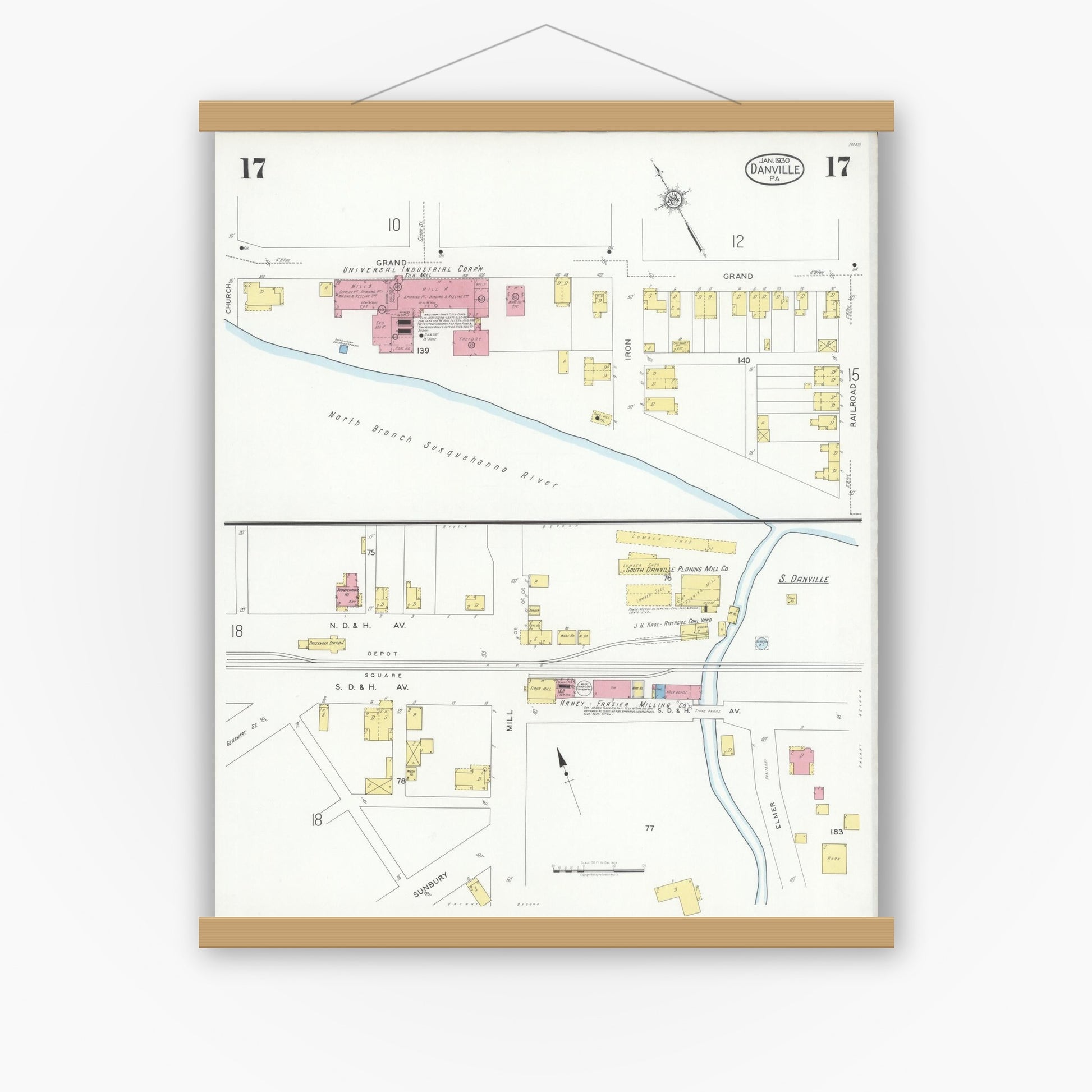 Old map wall art mockup — magnetic wood frame on white wall — Sanborn Fire Insurance Map from Danville, Montour County, Pennsylvania (1930), Sheet #0017