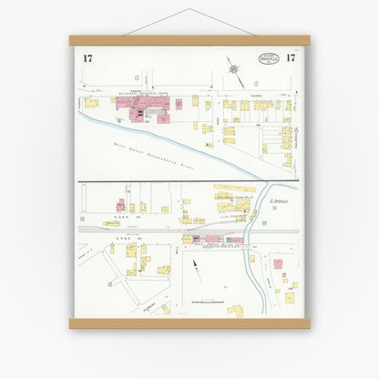 Old map wall art mockup — magnetic wood frame on white wall — Sanborn Fire Insurance Map from Danville, Montour County, Pennsylvania (1930), Sheet #0017