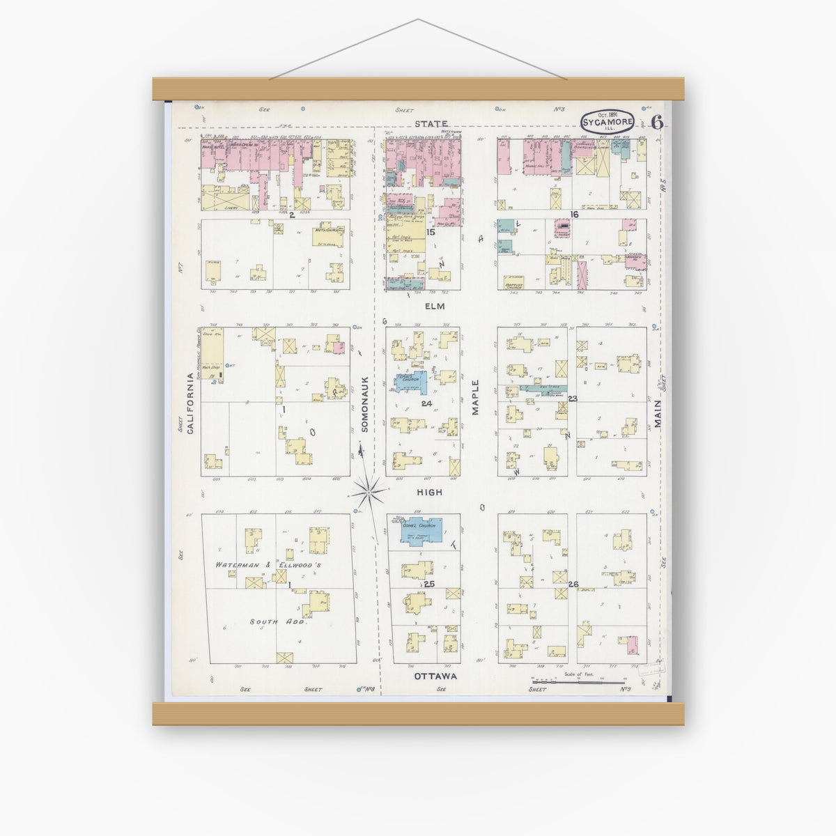 Old map wall art mockup — magnetic wood frame on white wall — Sanborn Fire Insurance Map from Sycamore, De Kalb County, Illinois (1891), Sheet #0006