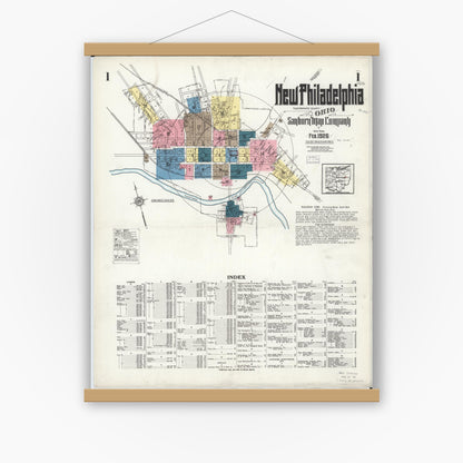 Old map wall art mockup — magnetic wood frame on white wall — Sanborn Fire Insurance Map from New Philadelphia, Tuscarawas County, Ohio (1926), Sheet #0001