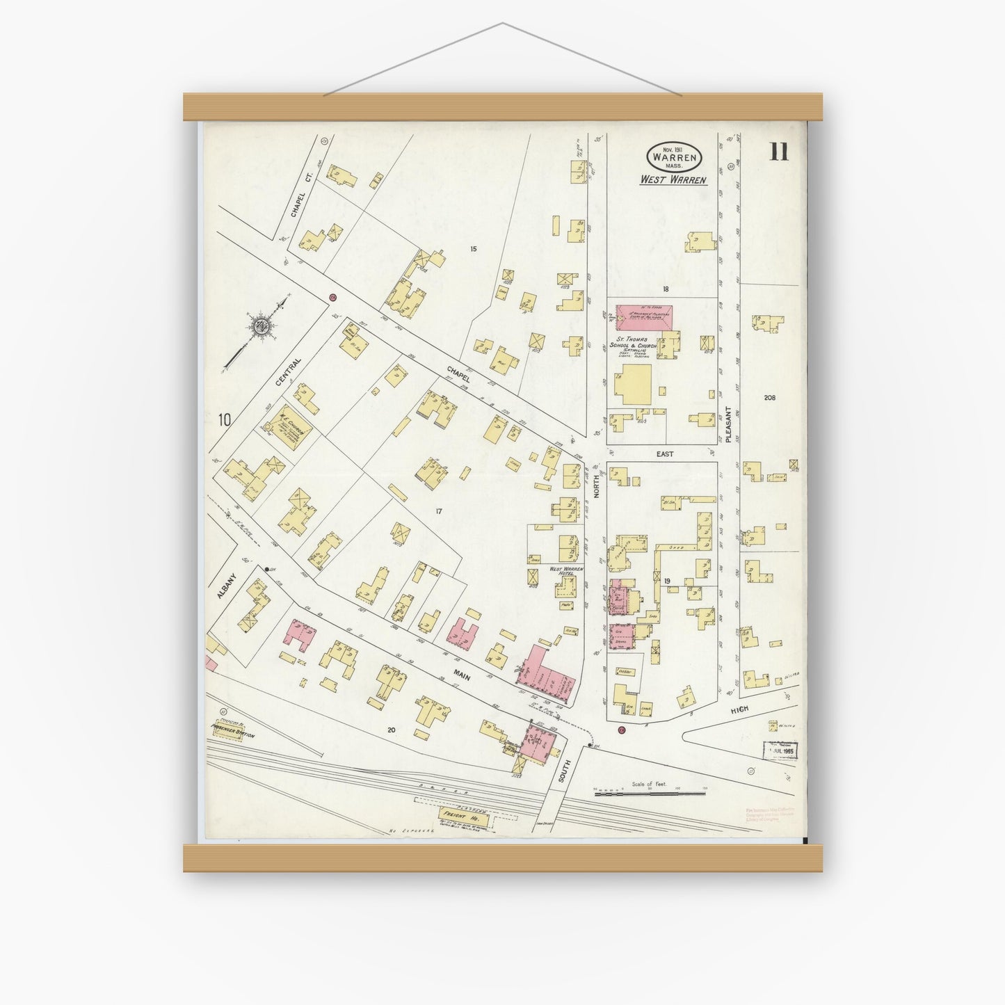 Old map wall art mockup — magnetic wood frame on white wall — Sanborn Fire Insurance Map from Warren, Worcester County, Massachusetts (1911), Sheet #0011