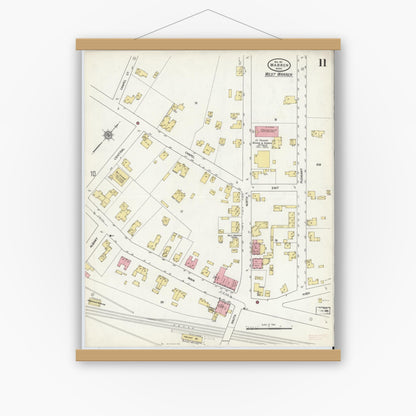 Old map wall art mockup — magnetic wood frame on white wall — Sanborn Fire Insurance Map from Warren, Worcester County, Massachusetts (1911), Sheet #0011