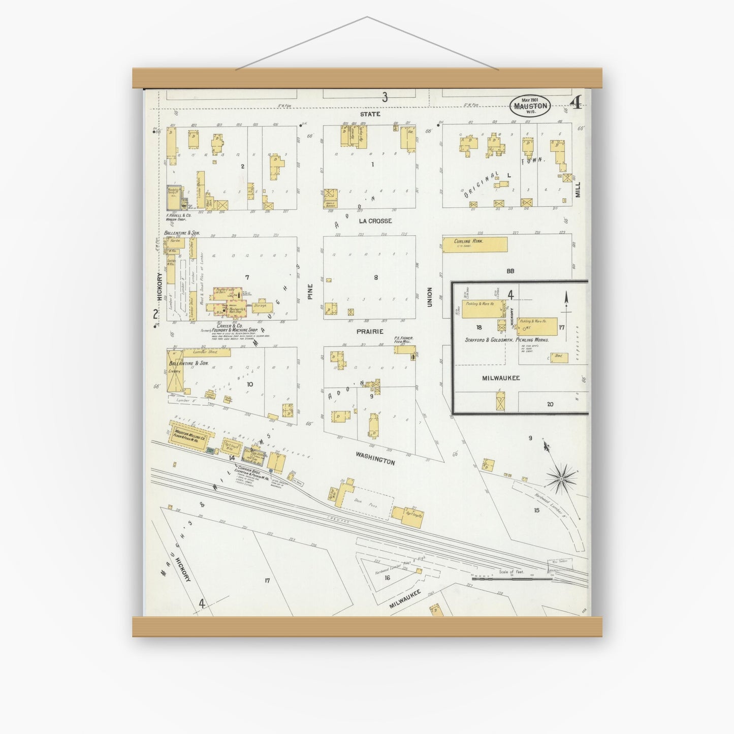Old map wall art mockup — magnetic wood frame on white wall — Sanborn Fire Insurance Map from Mauston, Juneau County, Wisconsin (1901), Sheet #0004