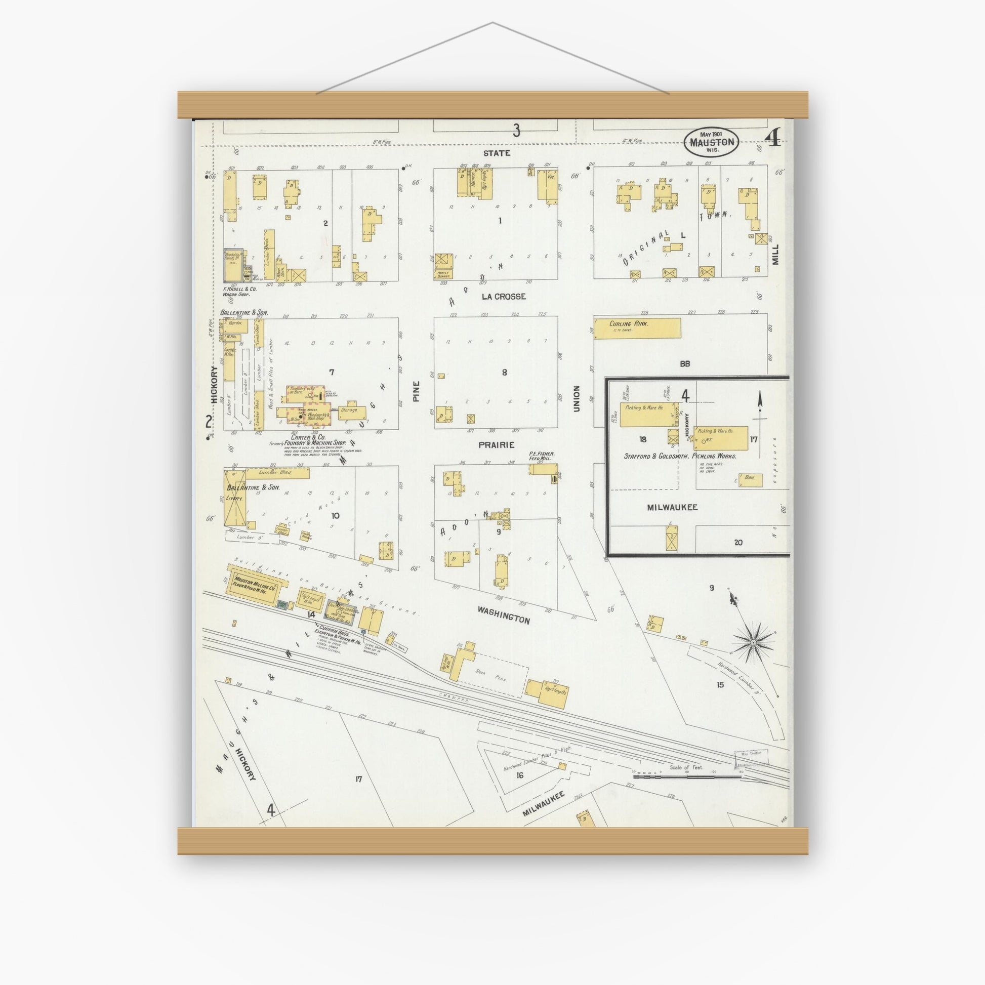 Old map wall art mockup — magnetic wood frame on white wall — Sanborn Fire Insurance Map from Mauston, Juneau County, Wisconsin (1901), Sheet #0004