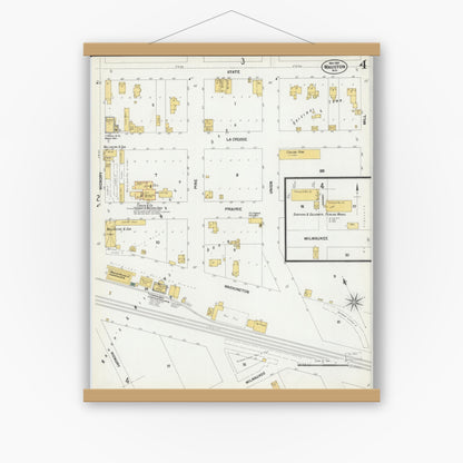 Old map wall art mockup — magnetic wood frame on white wall — Sanborn Fire Insurance Map from Mauston, Juneau County, Wisconsin (1901), Sheet #0004