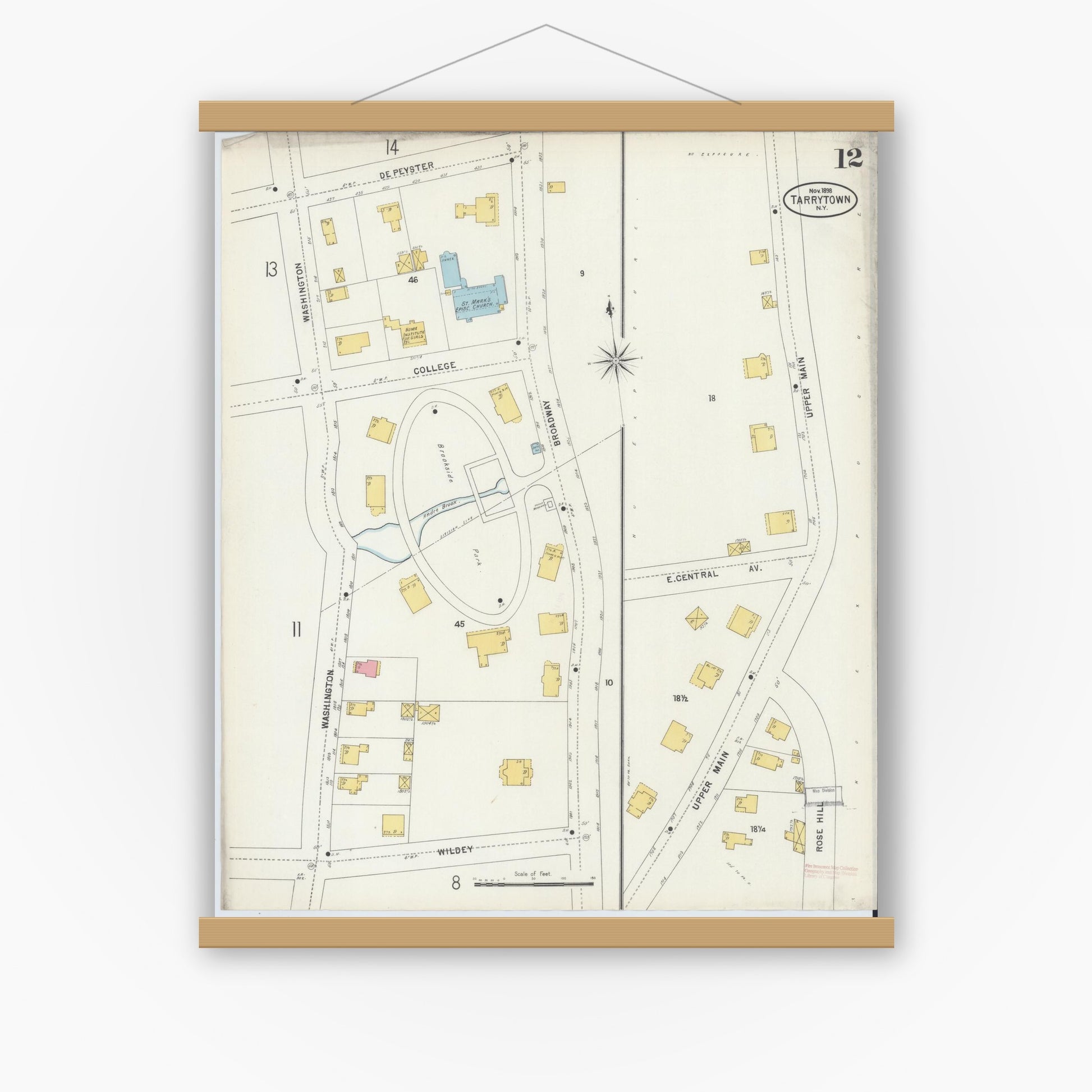 Old map wall art mockup — magnetic wood frame on white wall — Sanborn Fire Insurance Map from Tarrytown, Westchester County, New York (1898), Sheet #0012