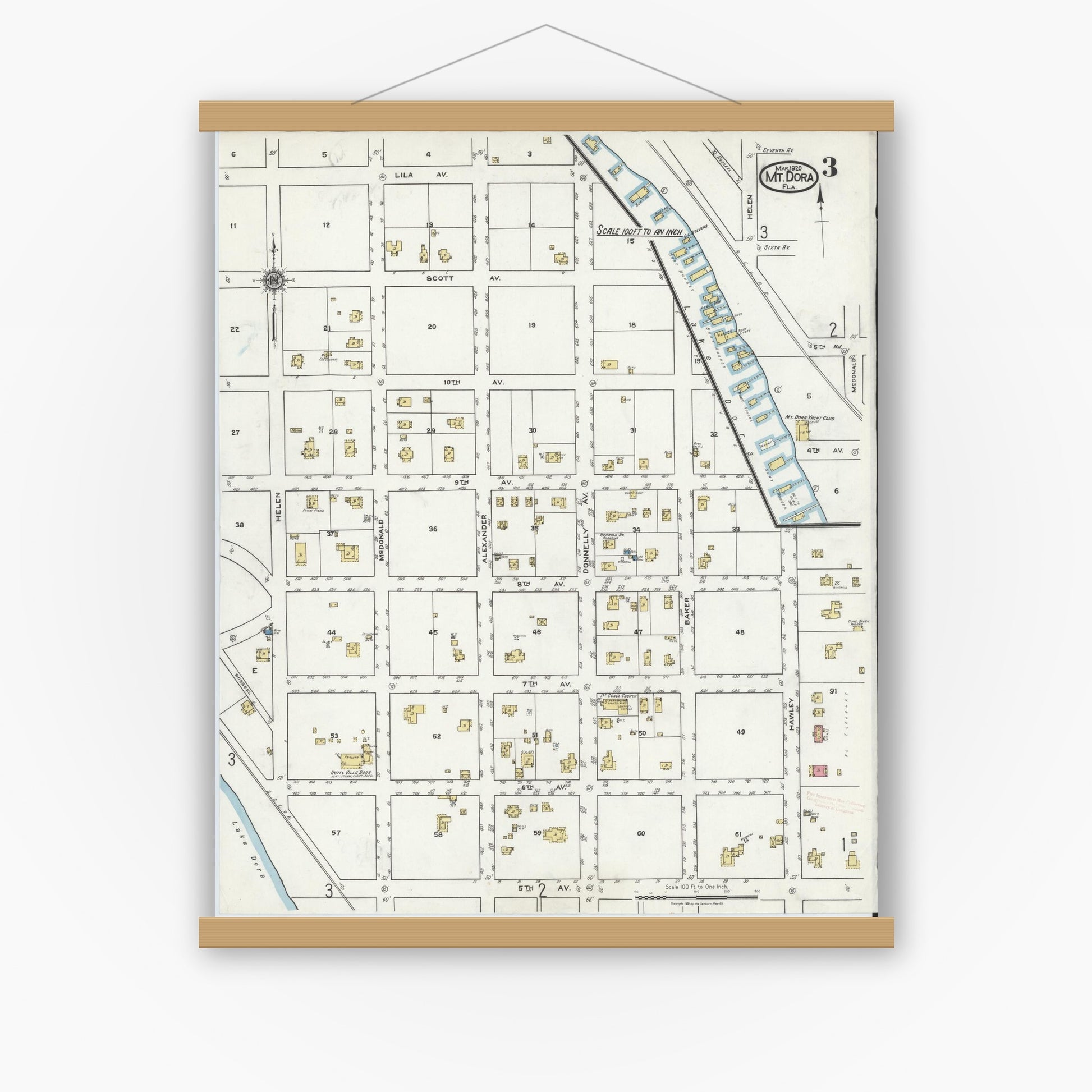 Old map wall art mockup — magnetic wood frame on white wall — Sanborn Fire Insurance Map from Mount Dora, Lake County, Florida (1920), Sheet #0003