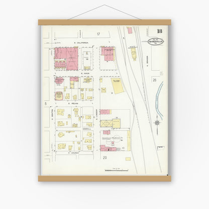 Old map wall art mockup — magnetic wood frame on white wall — Sanborn Fire Insurance Map from Gainesville, Cooke County, Texas (1913), Sheet #0018