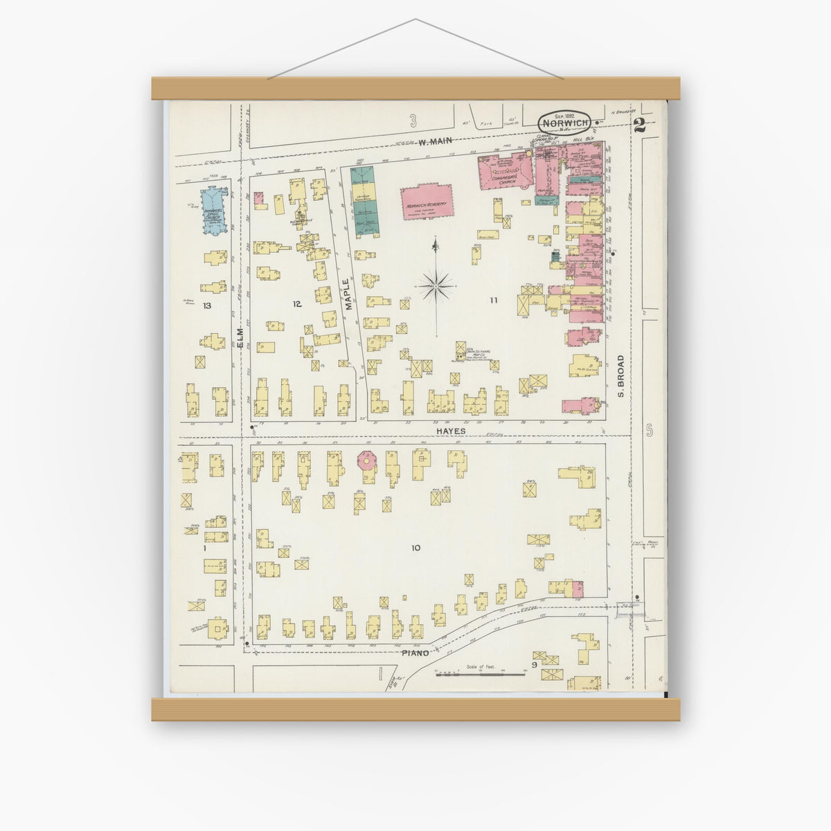 Old map wall art mockup — magnetic wood frame on white wall — Sanborn Fire Insurance Map from Norwich, Chenango County, New York (1892) - Complete Map Set