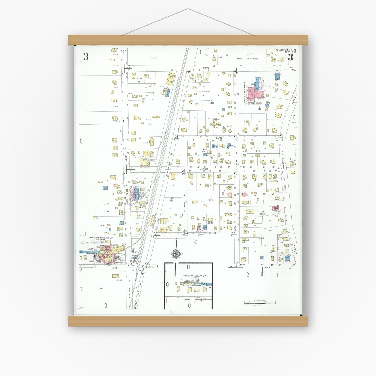 Old map wall art mockup — magnetic wood frame on white wall — Sanborn Fire Insurance Map from Cortland, Trumbull County, Ohio (1950), Sheet #0003