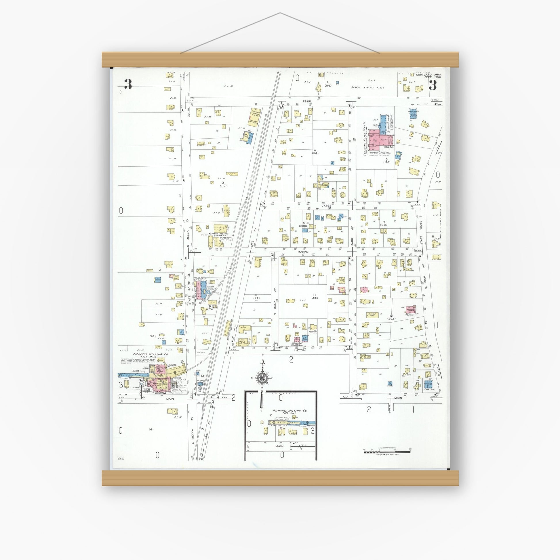 Old map wall art mockup — magnetic wood frame on white wall — Sanborn Fire Insurance Map from Cortland, Trumbull County, Ohio (1950), Sheet #0003