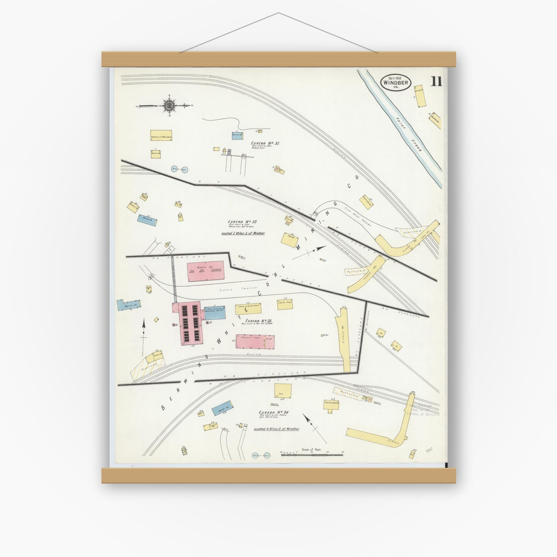 Old map wall art mockup — magnetic wood frame on white wall — Sanborn Fire Insurance Map from Windber, Somerset County, Pennsylvania (1910), Sheet #0011