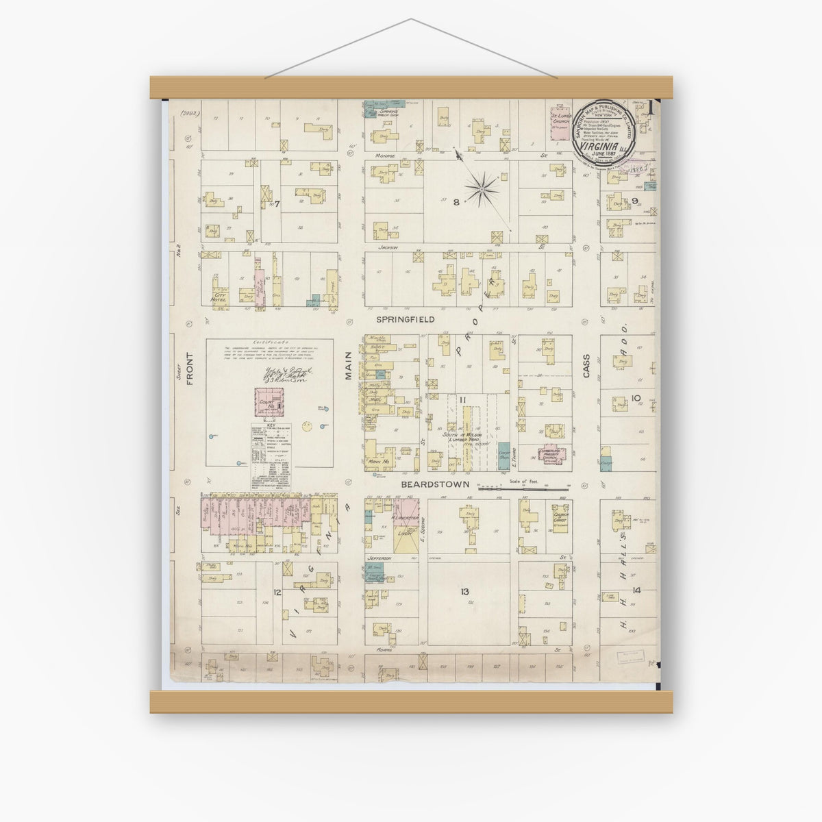 Old map wall art mockup — magnetic wood frame on white wall — Sanborn Fire Insurance Map from Virginia, Cass County, Illinois (1887) - Complete Map Set