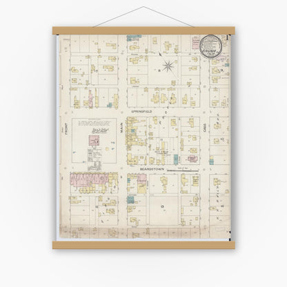 Old map wall art mockup — magnetic wood frame on white wall — Sanborn Fire Insurance Map from Virginia, Cass County, Illinois (1887) - Complete Map Set