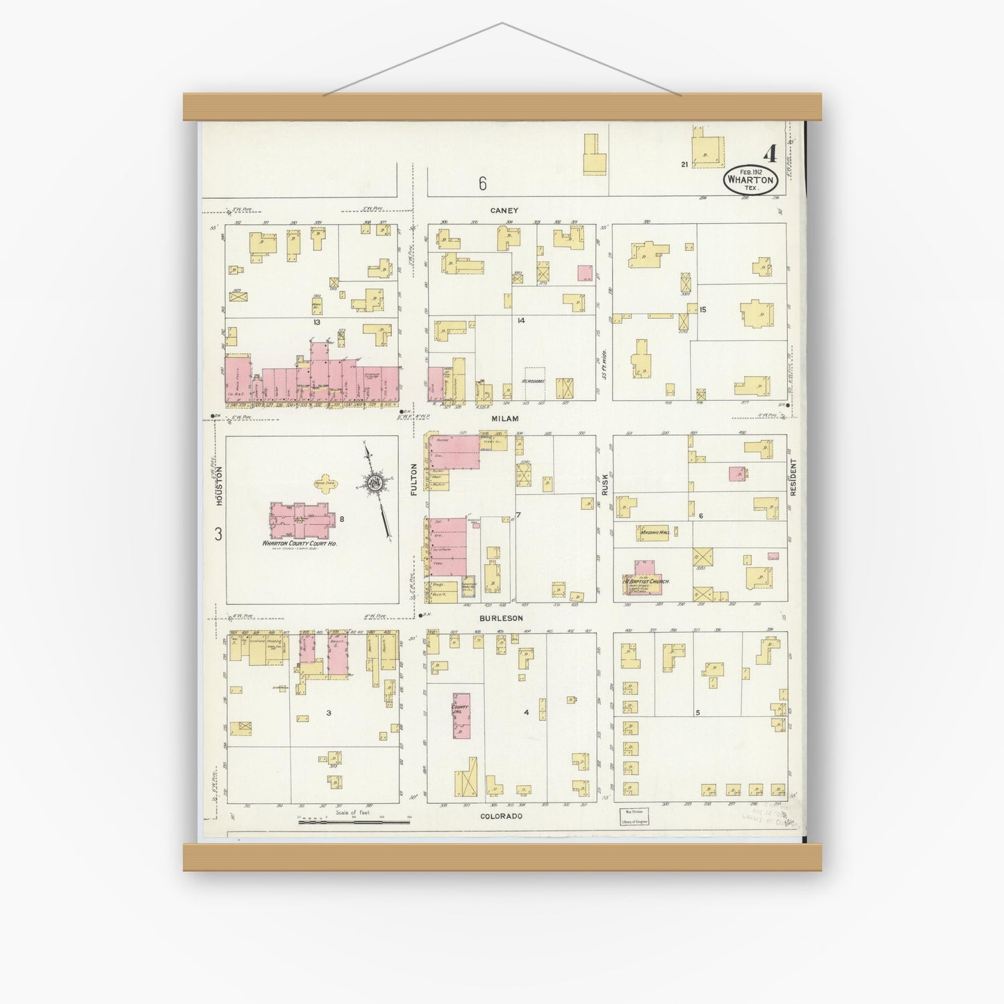 Old map wall art mockup — magnetic wood frame on white wall — Sanborn Fire Insurance Map from Wharton, Wharton County, Texas (1912), Sheet #0005