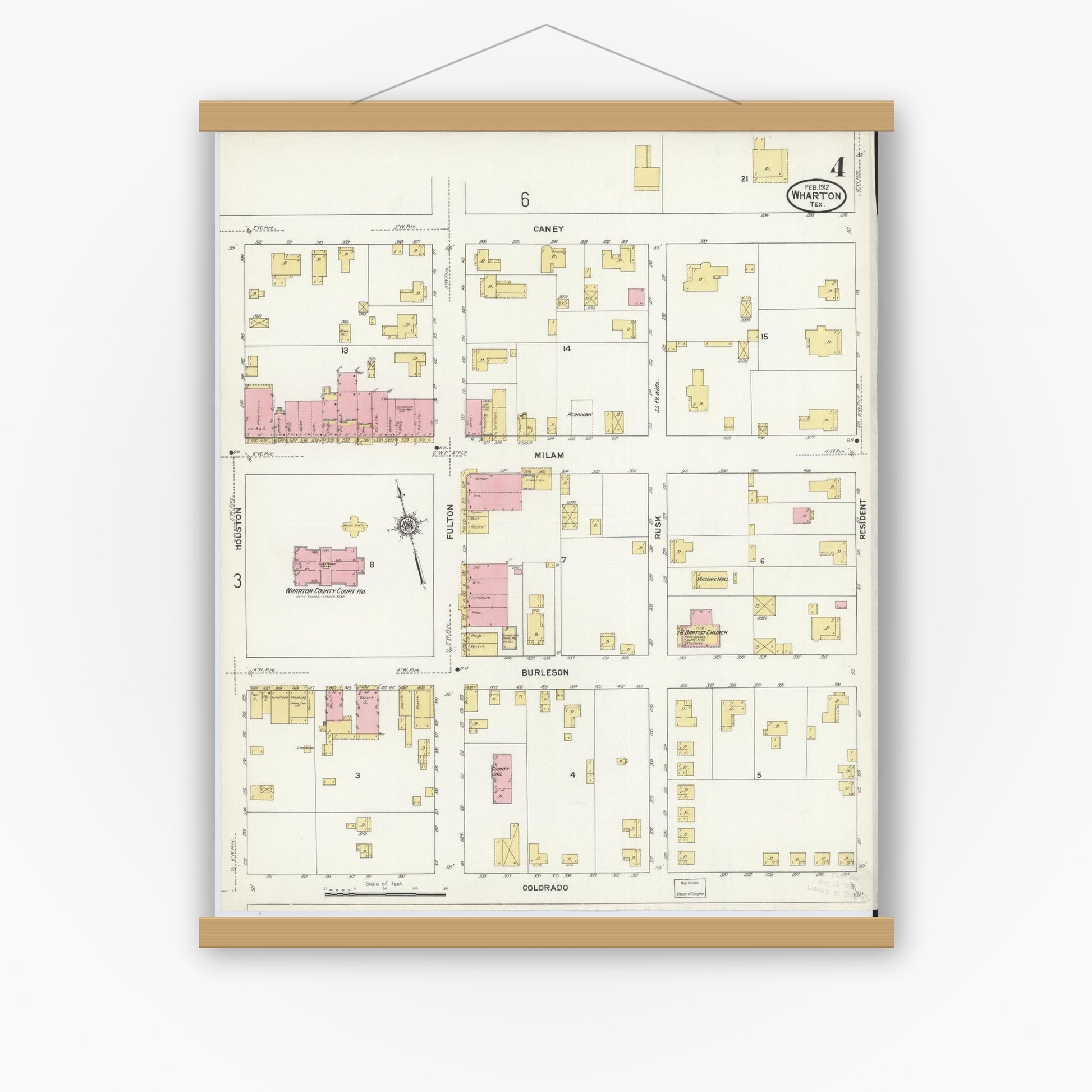 Old map wall art mockup — magnetic wood frame on white wall — Sanborn Fire Insurance Map from Wharton, Wharton County, Texas (1912), Sheet #0005
