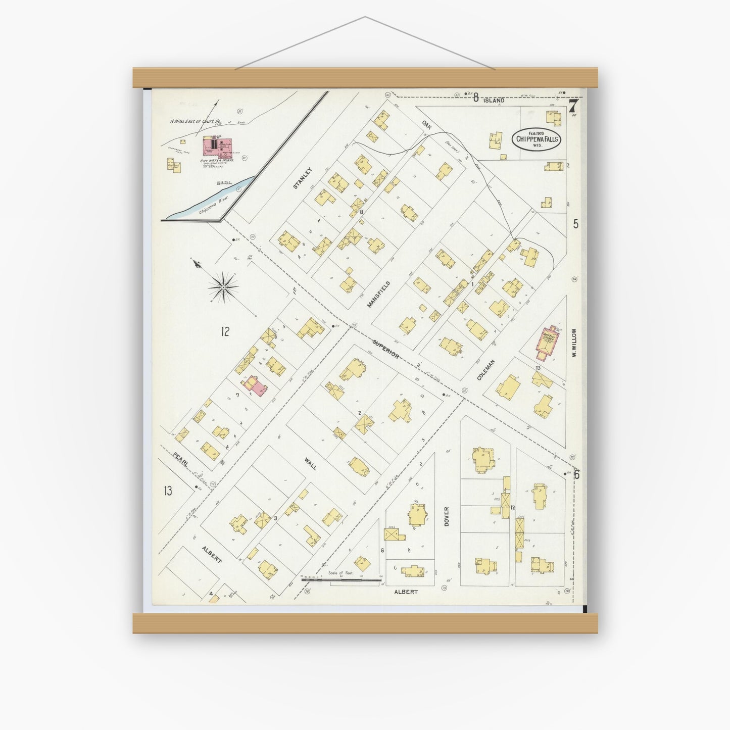 Old map wall art mockup — magnetic wood frame on white wall — Sanborn Fire Insurance Map from Chippewa Falls, Chippewa County, Wisconsin (1903), Sheet #0007