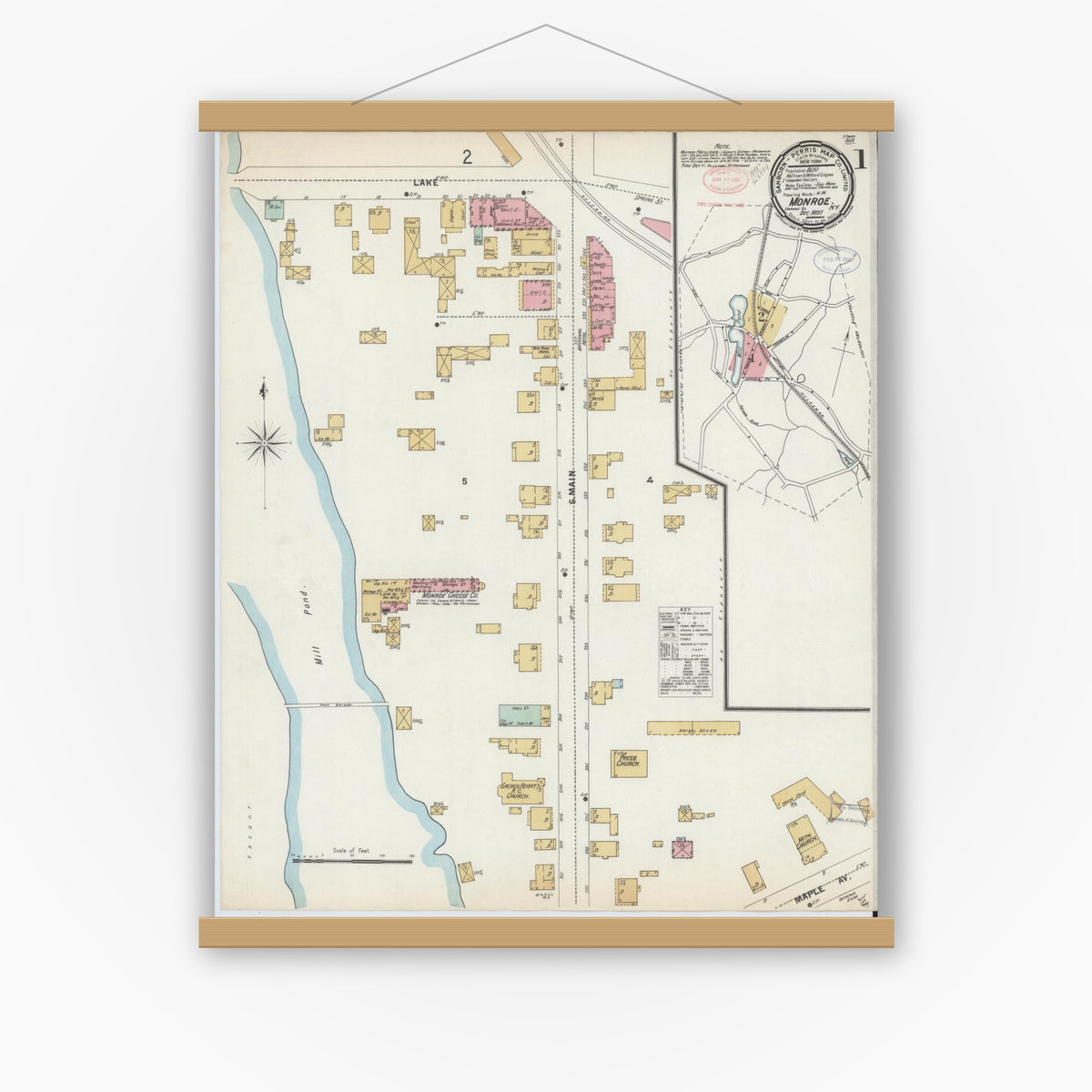 Old map wall art mockup — magnetic wood frame on white wall — Sanborn Fire Insurance Map from Monroe, Orange County, New York (1897), Sheet #0001