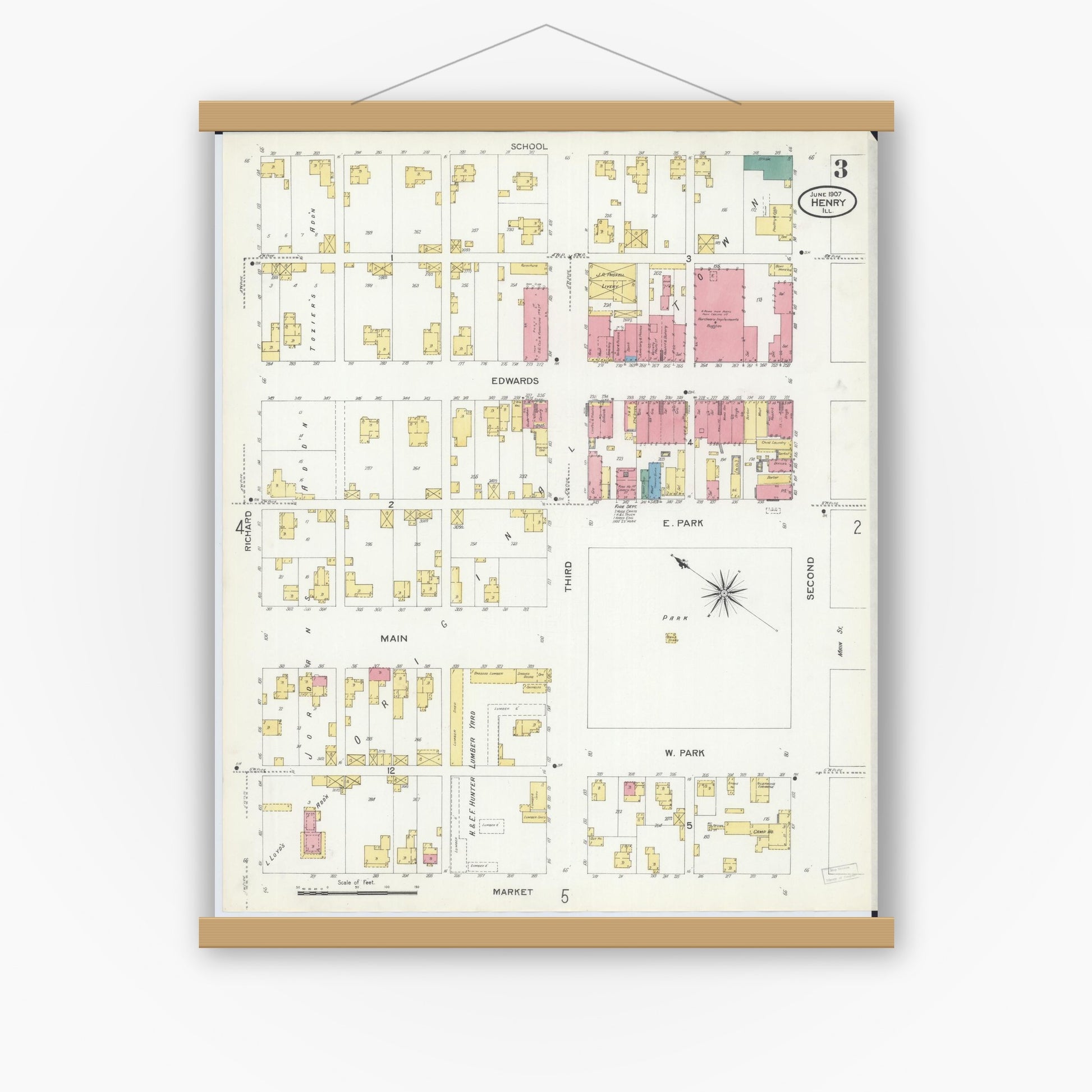 Old map wall art mockup — magnetic wood frame on white wall — Sanborn Fire Insurance Map from Henry, Marshall County, Illinois (1907), Sheet #0003