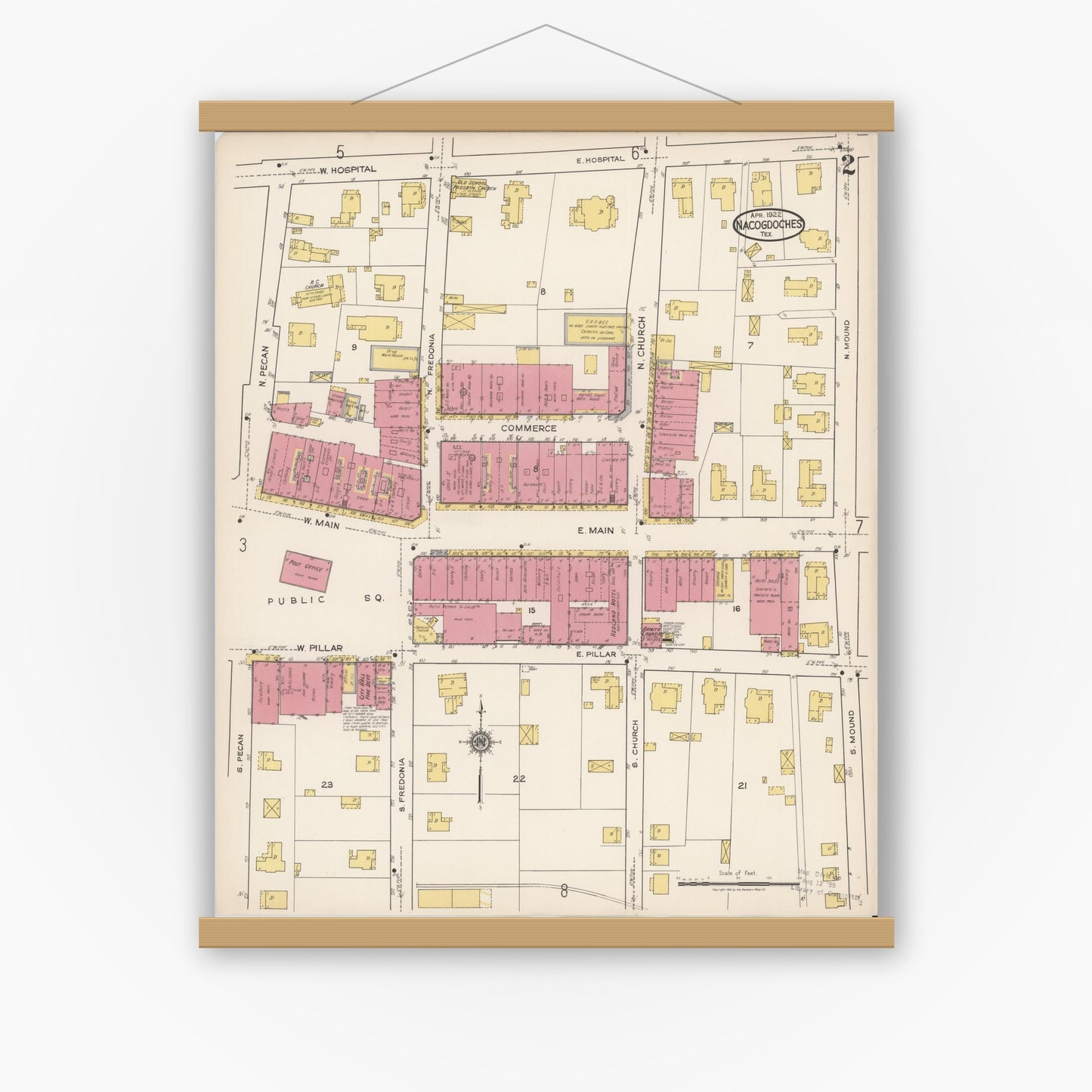Old map wall art mockup — magnetic wood frame on white wall — Sanborn Fire Insurance Map from Nacogdoches, Nacogdoches County, Texas (1922), Sheet #0002