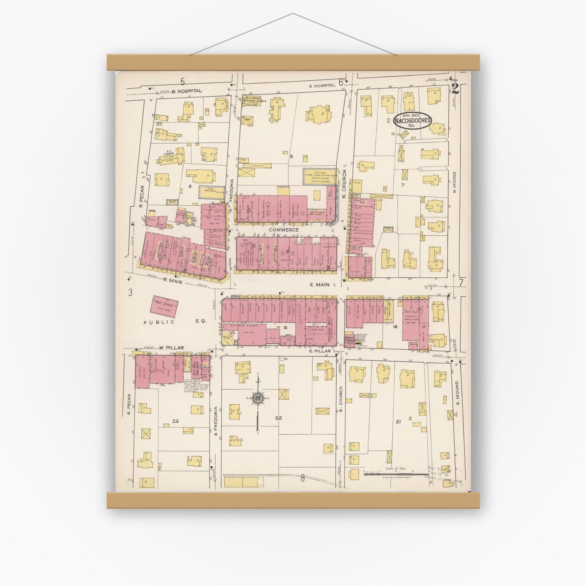 Old map wall art mockup — magnetic wood frame on white wall — Sanborn Fire Insurance Map from Nacogdoches, Nacogdoches County, Texas (1922), Sheet #0002