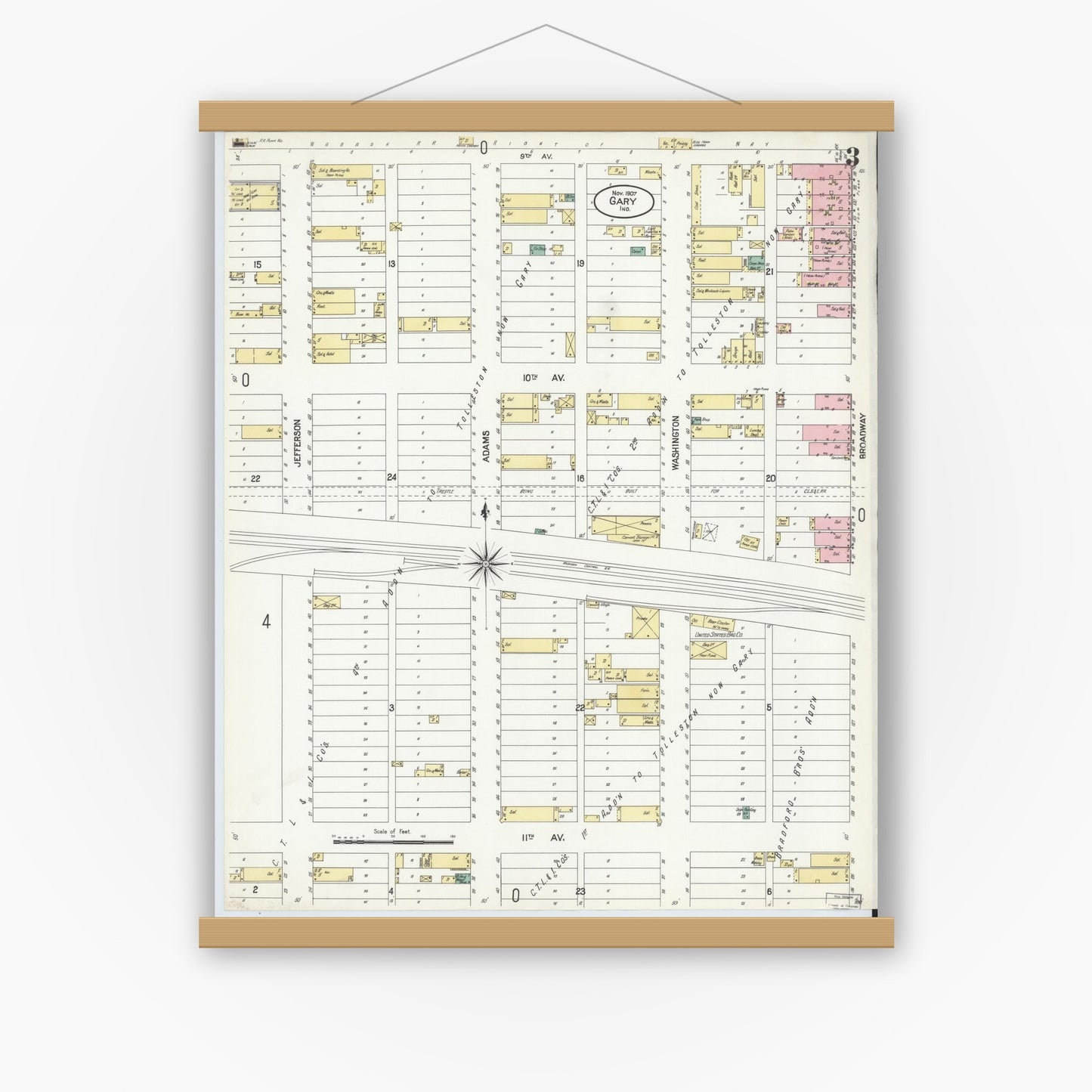 Old map wall art mockup — magnetic wood frame on white wall — Sanborn Fire Insurance Map from Gary, Lake County, Indiana (1907), Sheet #0003