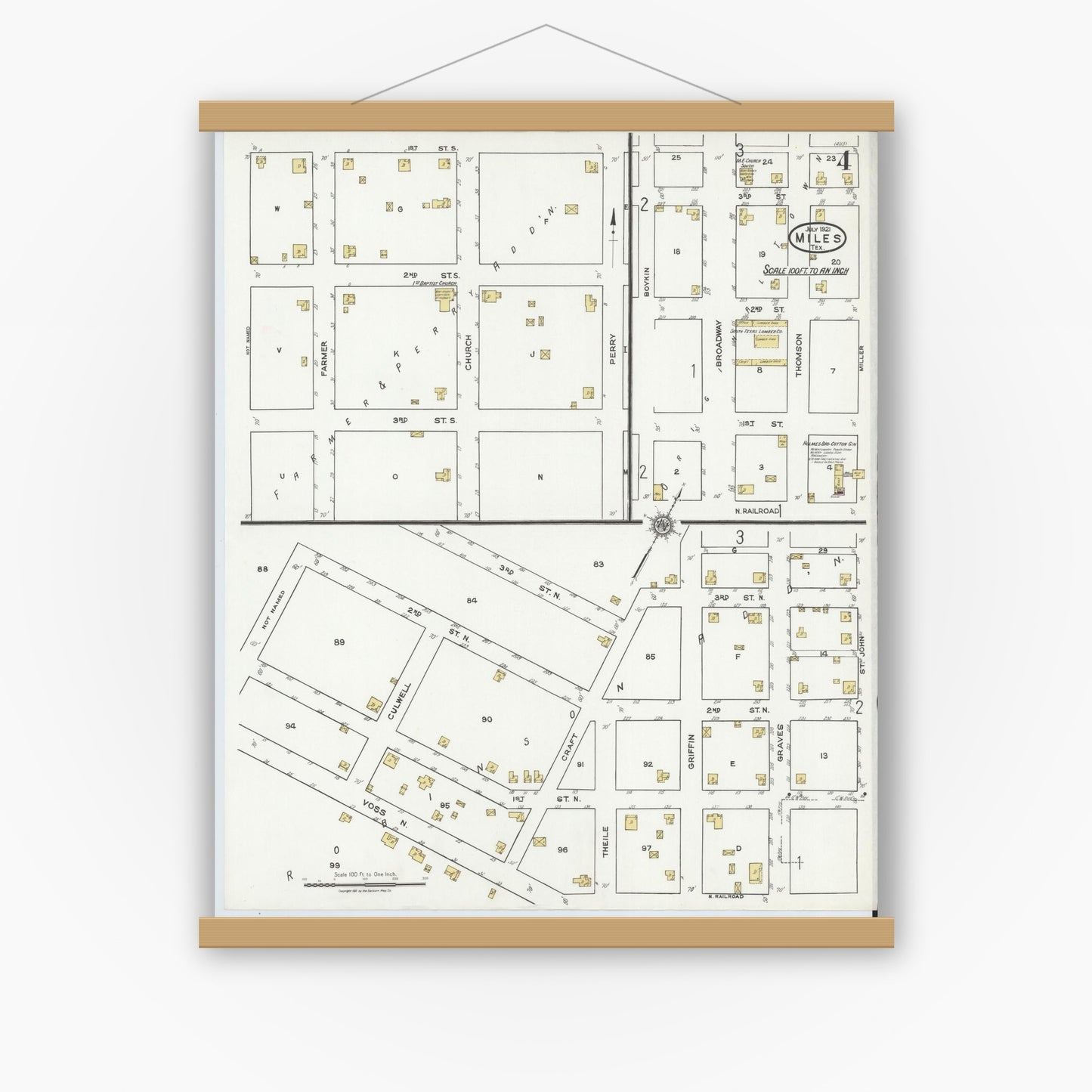 Old map wall art mockup — magnetic wood frame on white wall — Sanborn Fire Insurance Map from Miles, Runnels County, Texas (1921), Sheet #0004