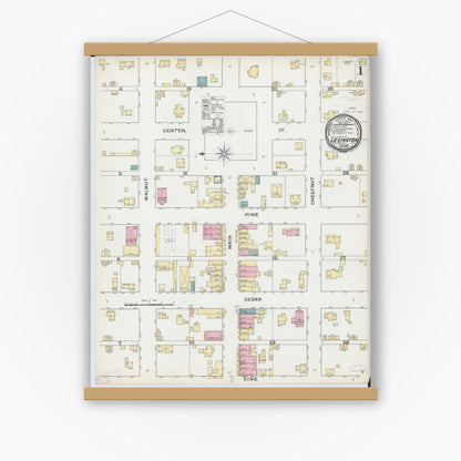 Old map wall art mockup — magnetic wood frame on white wall — Sanborn Fire Insurance Map from Lexington, McLean County, Illinois (1892) - Complete Map Set