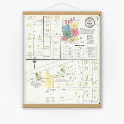 Old map wall art mockup — magnetic wood frame on white wall — Sanborn Fire Insurance Map from Royse City, Rockwell County, Texas (1911) - Complete Map Set