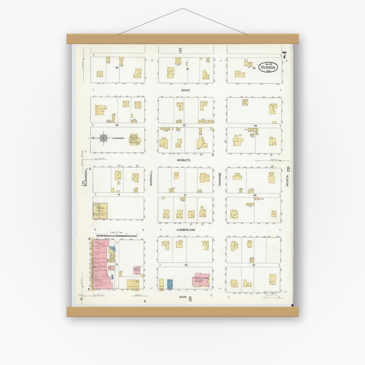 Old map wall art mockup — magnetic wood frame on white wall — Sanborn Fire Insurance Map from Vernon, Wilbarger County, Texas (1912), Sheet #0007