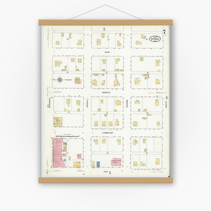 Old map wall art mockup — magnetic wood frame on white wall — Sanborn Fire Insurance Map from Vernon, Wilbarger County, Texas (1912), Sheet #0007