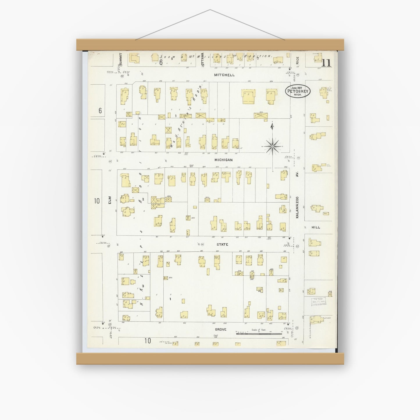 Old map wall art mockup — magnetic wood frame on white wall — Sanborn Fire Insurance Map from Petoskey, Emmet County, Michigan (1907), Sheet #0011