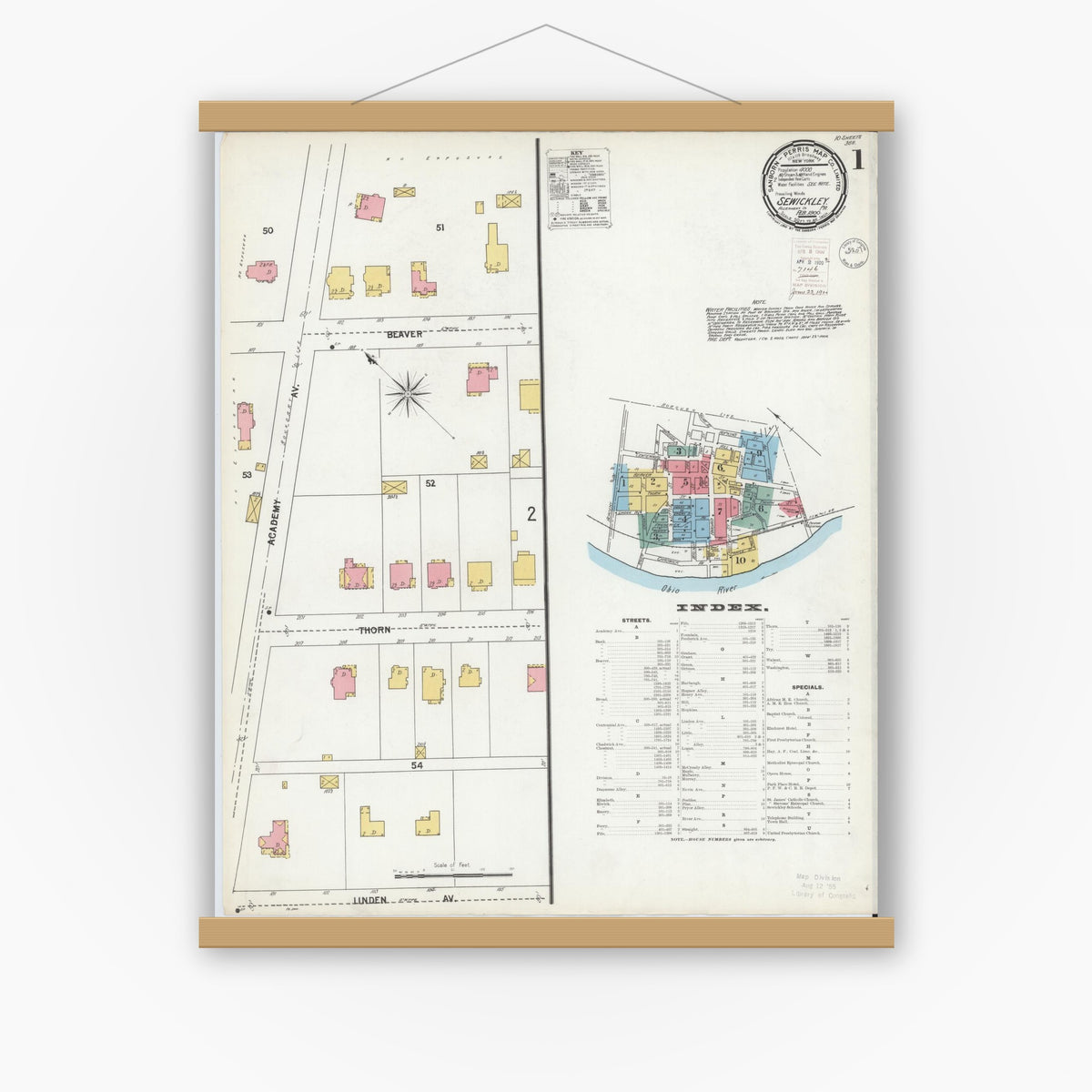 Old map wall art mockup — magnetic wood frame on white wall — Sanborn Fire Insurance Map from Sewickley, Allegheny County, Pennsylvania (1900), Sheet #0001