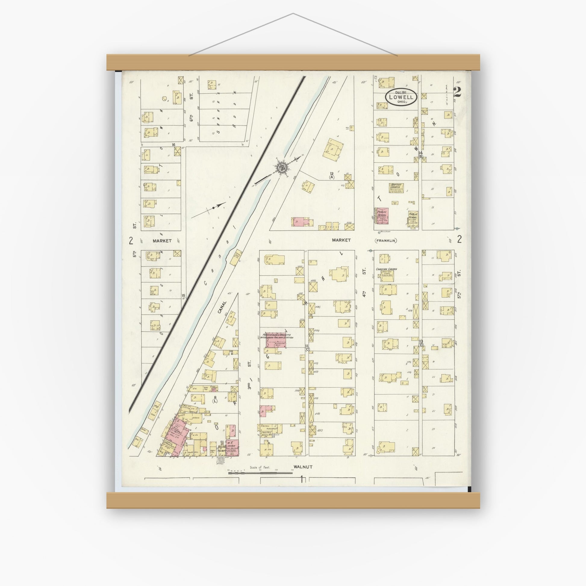 Old map wall art mockup — magnetic wood frame on white wall — Sanborn Fire Insurance Map from Lowell, Washington County, Ohio (1911), Sheet #0002