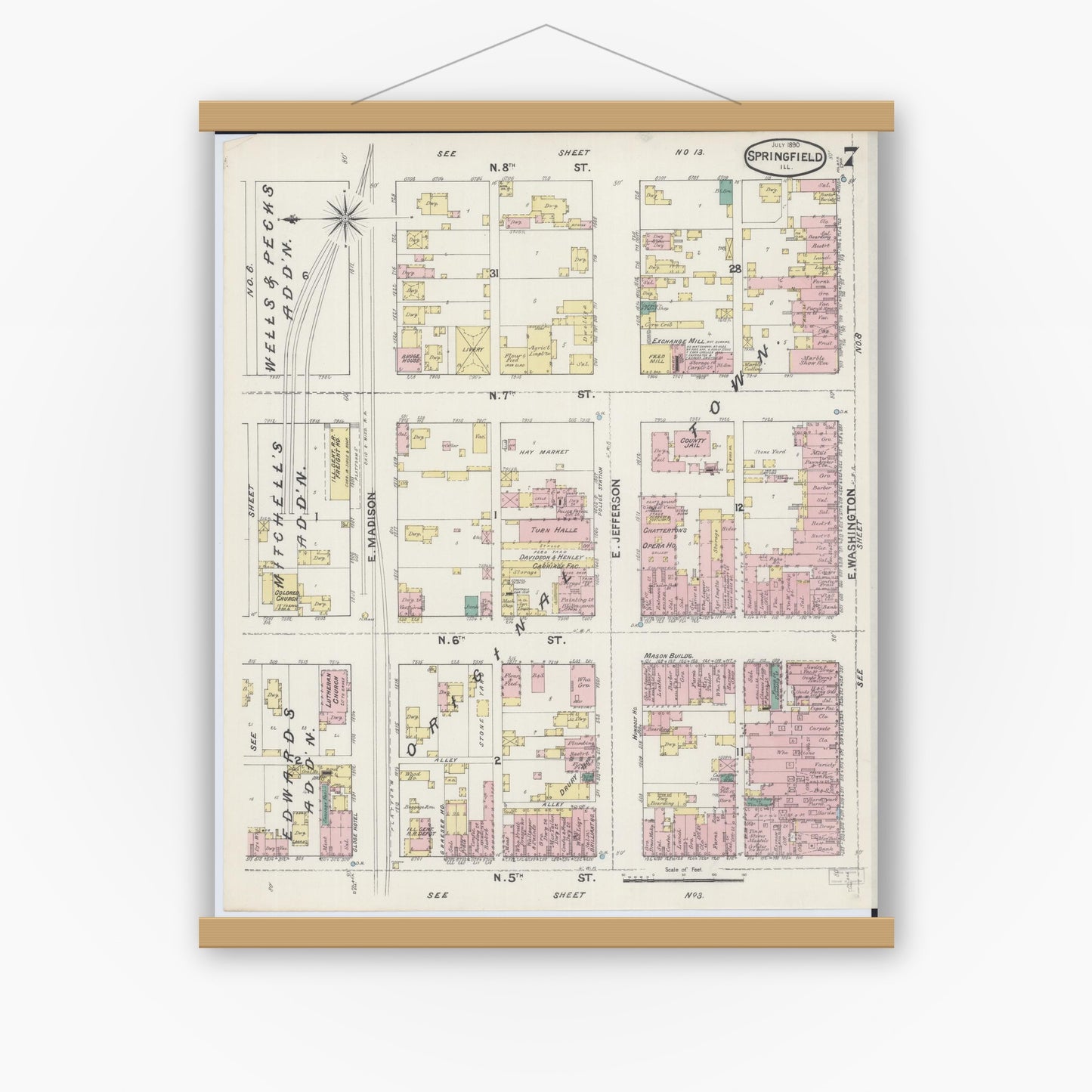 Old map wall art mockup — magnetic wood frame on white wall — Sanborn Fire Insurance Map from Springfield, Sangamon County, Illinois (1890), Sheet #0007