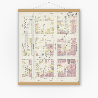 Old map wall art mockup — magnetic wood frame on white wall — Sanborn Fire Insurance Map from Springfield, Sangamon County, Illinois (1890), Sheet #0007