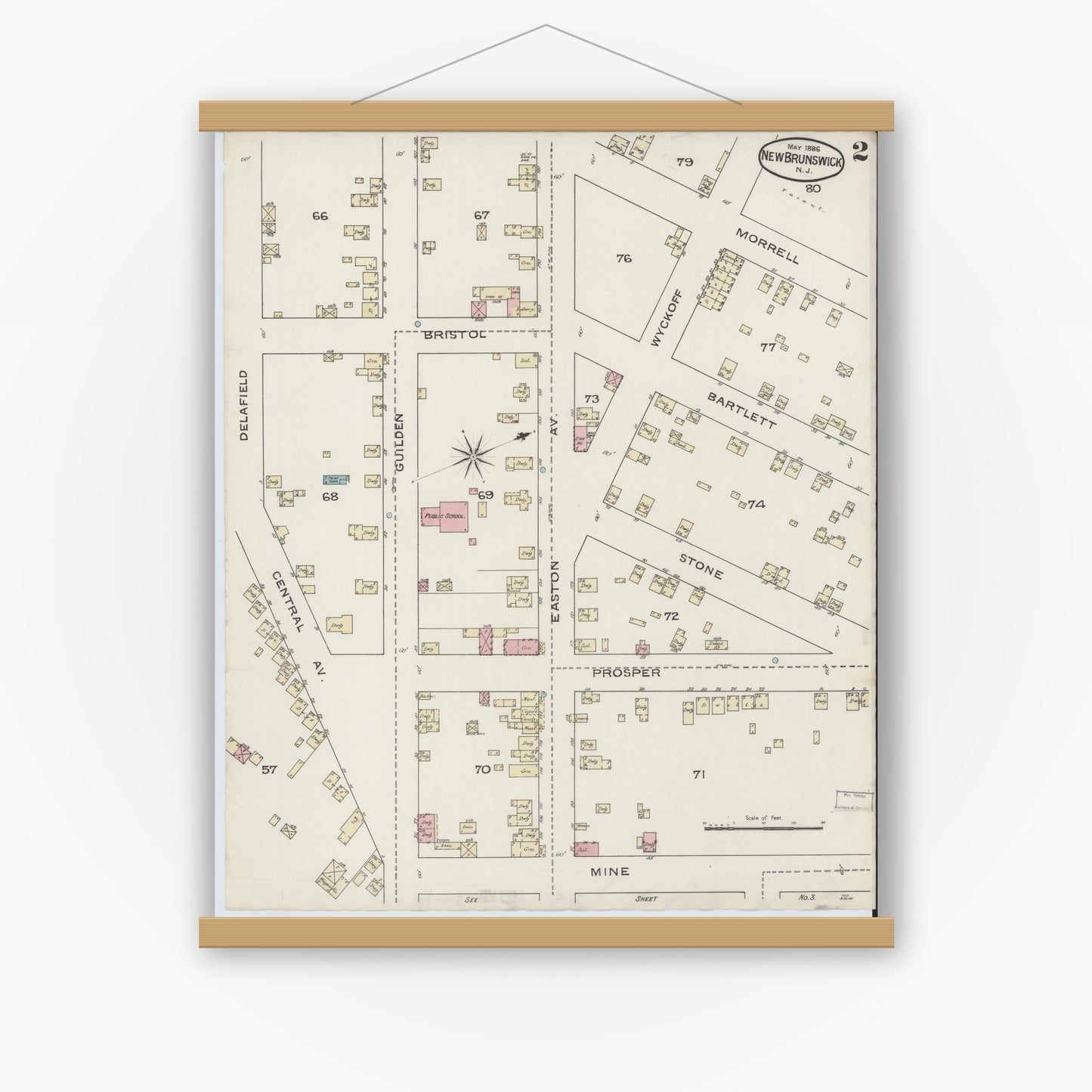 Old map wall art mockup — magnetic wood frame on white wall — Sanborn Fire Insurance Map from New Brunswick, Middlesex County, New Jersey (1886) - Complete Map Set
