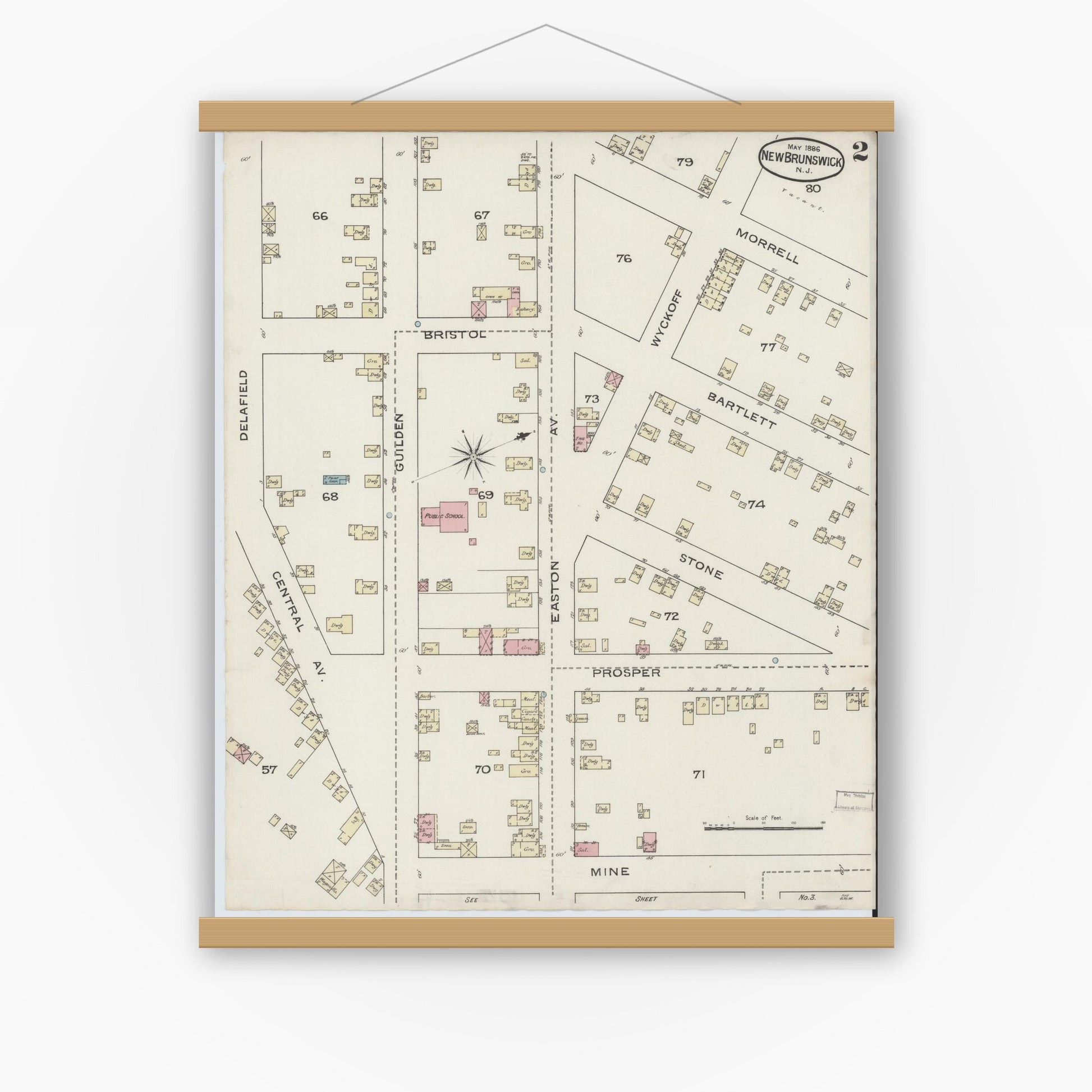 Old map wall art mockup — magnetic wood frame on white wall — Sanborn Fire Insurance Map from New Brunswick, Middlesex County, New Jersey (1886) - Complete Map Set