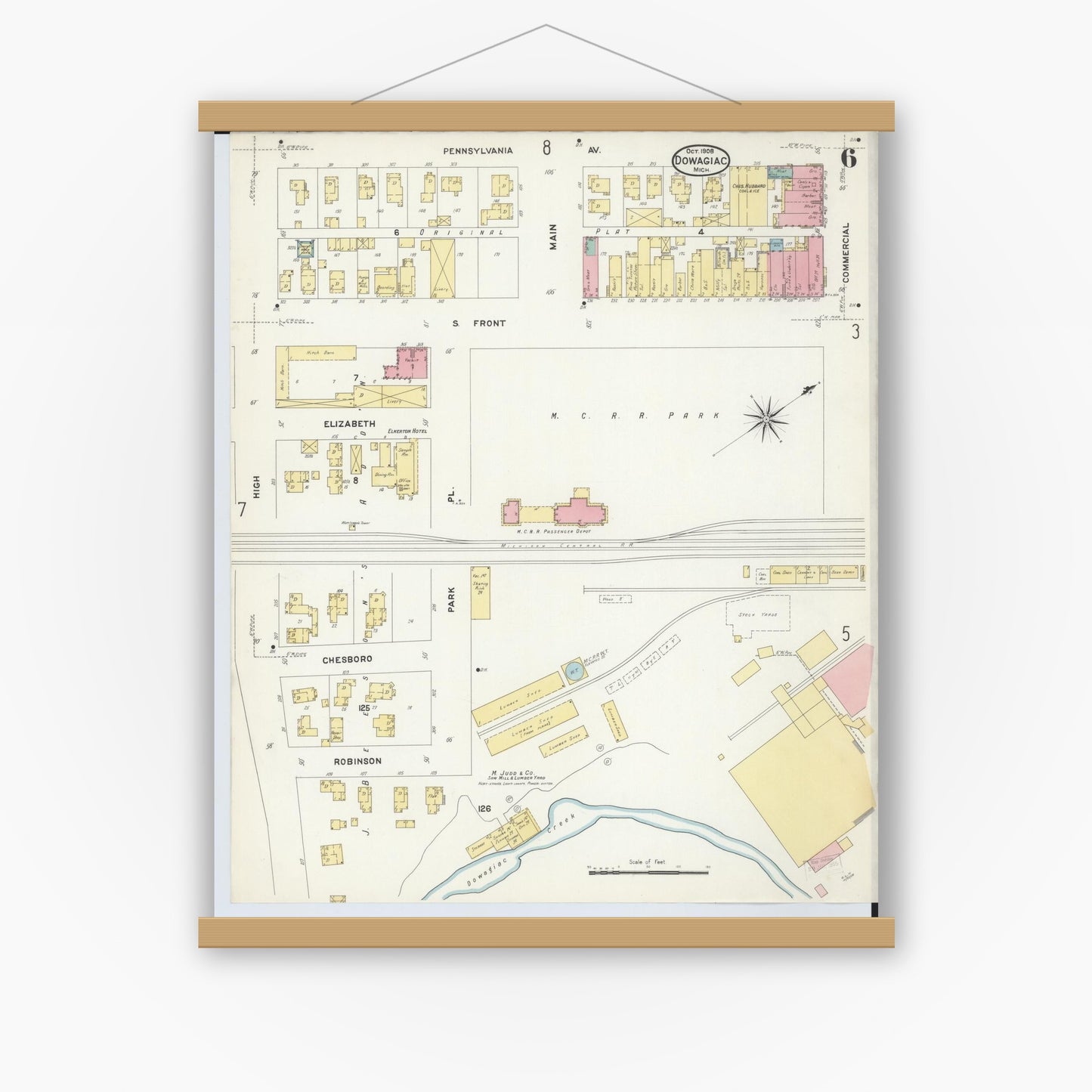Old map wall art mockup — magnetic wood frame on white wall — Sanborn Fire Insurance Map from Dowagiac, Cass County, Michigan (1908), Sheet #0006