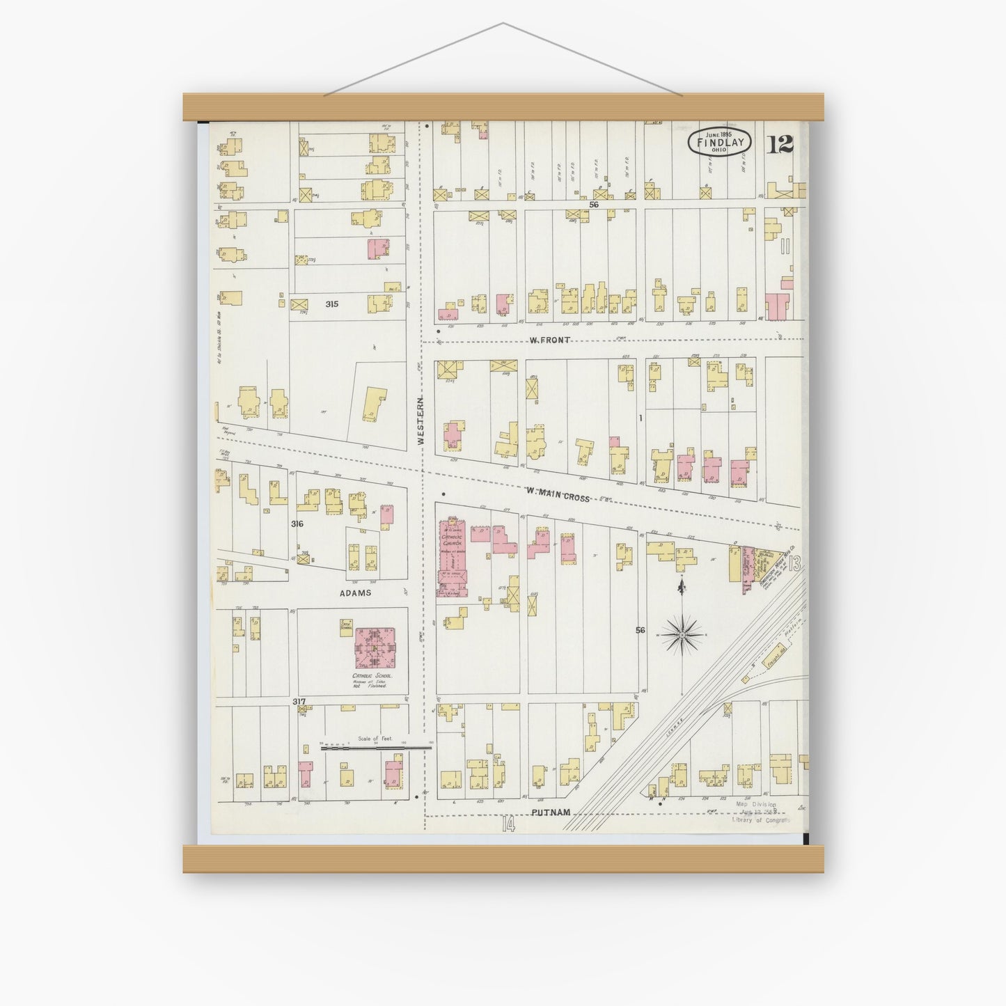 Old map wall art mockup — magnetic wood frame on white wall — Sanborn Fire Insurance Map from Findlay, Hancock County, Ohio (1895), Sheet #0012