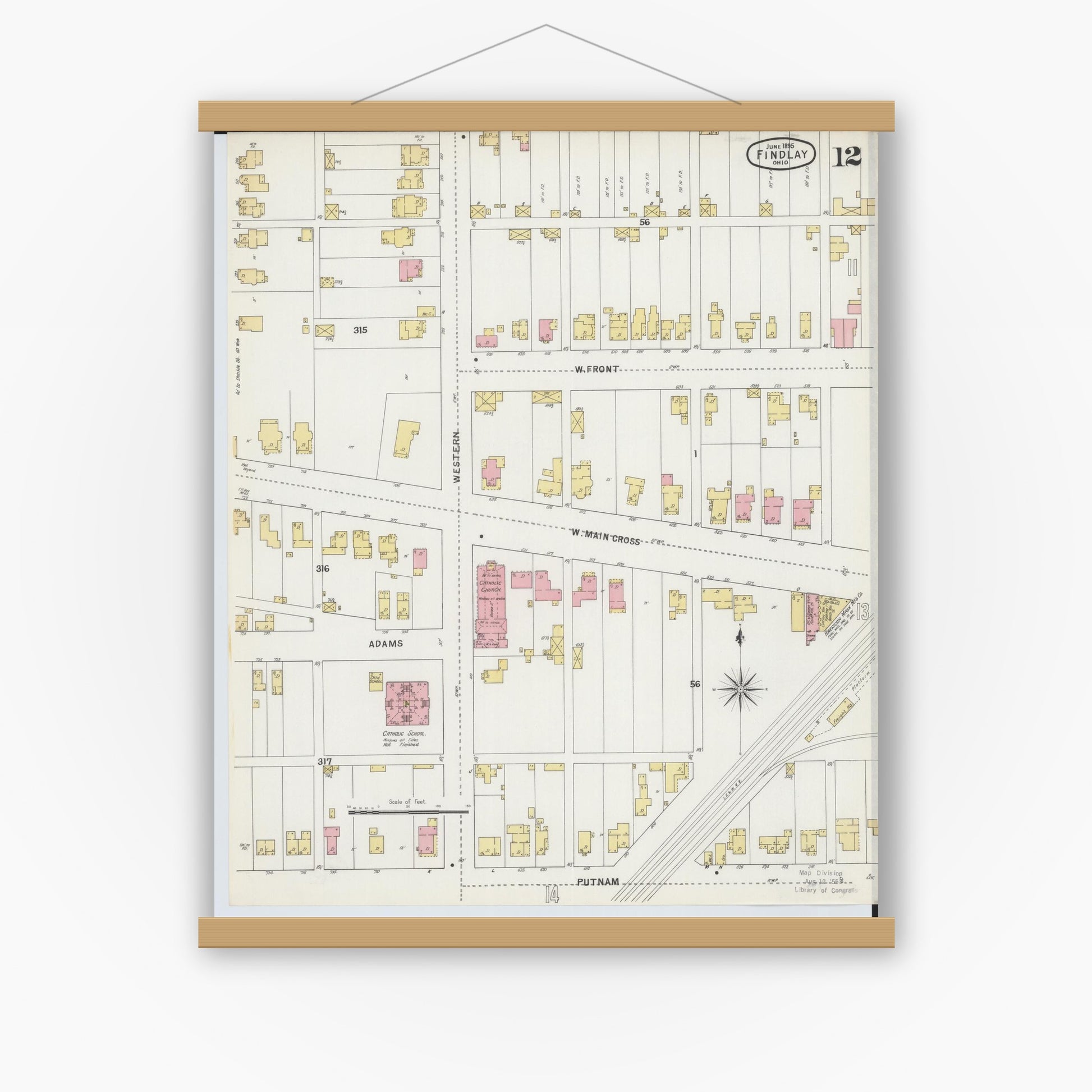 Old map wall art mockup — magnetic wood frame on white wall — Sanborn Fire Insurance Map from Findlay, Hancock County, Ohio (1895), Sheet #0012
